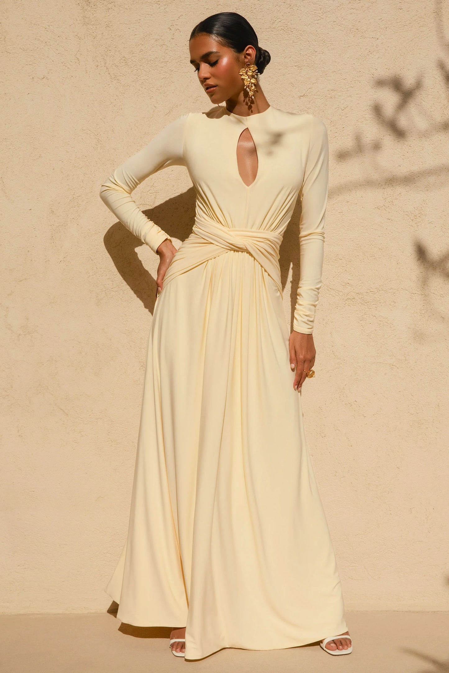 With Me Lemon High-Neck Maxi Dress With Ruched Detailing