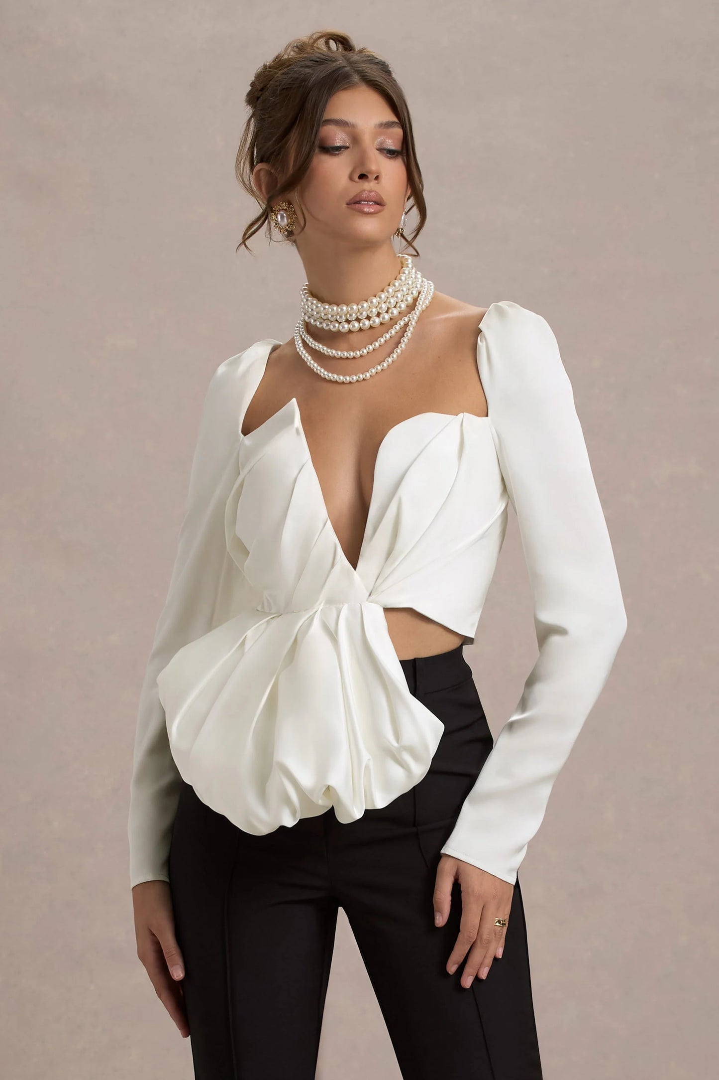 Bensley Ecru Satin Asymmetric Plunge-Neck Top With Ruffle