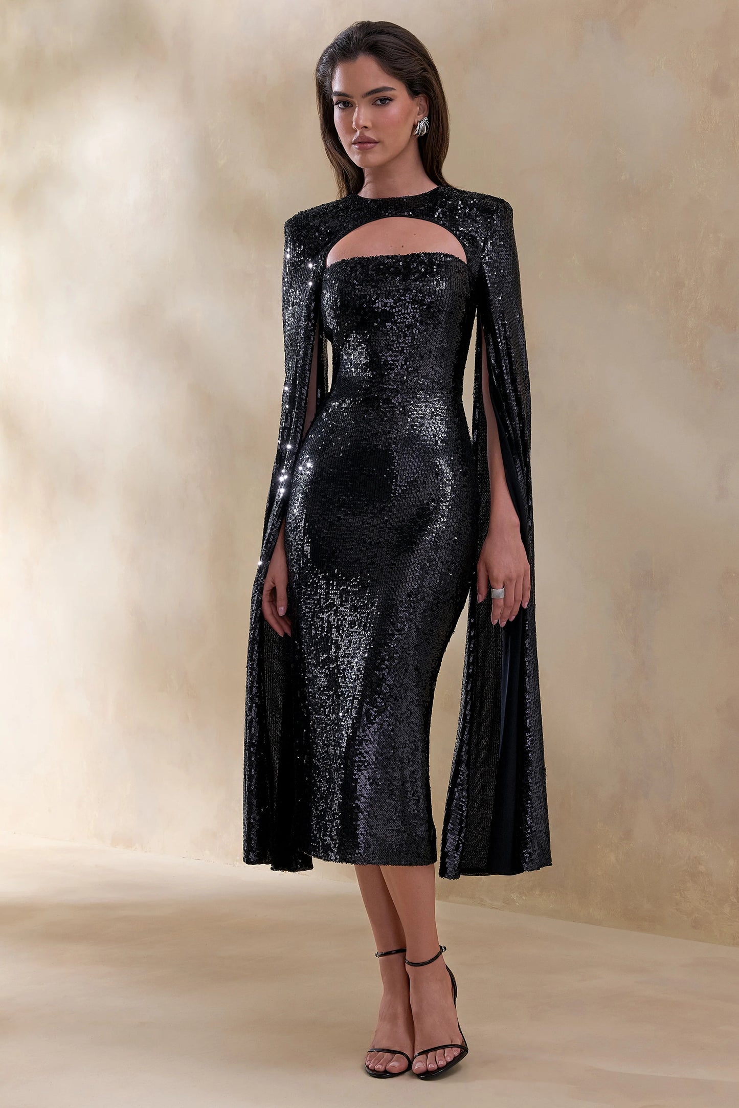 Adeline Black Sequin Crew-Neck Midi Dress With Cape Sleeves