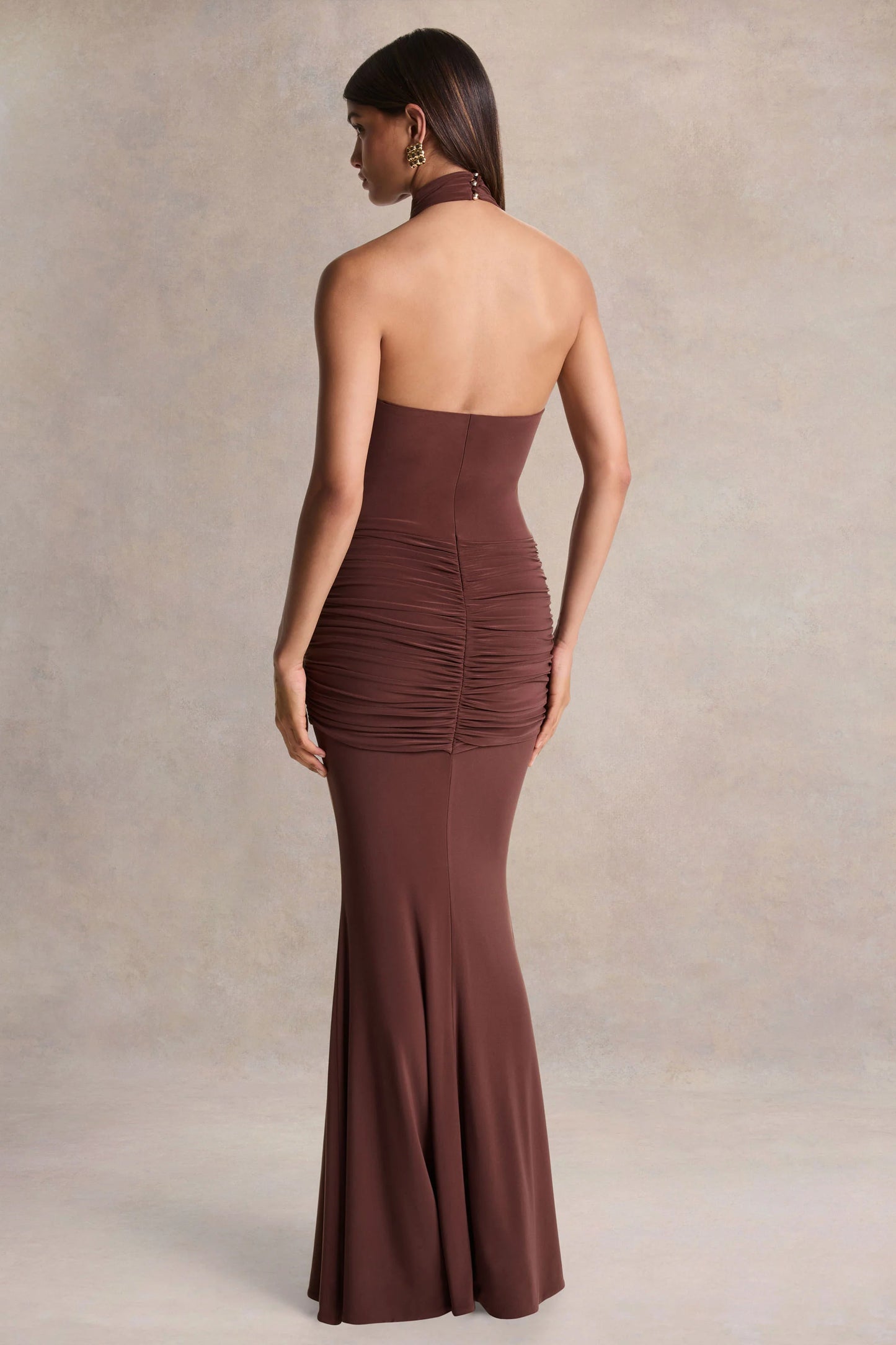 Hyla Brown High-Neck Maxi Dress With Sash-Detail