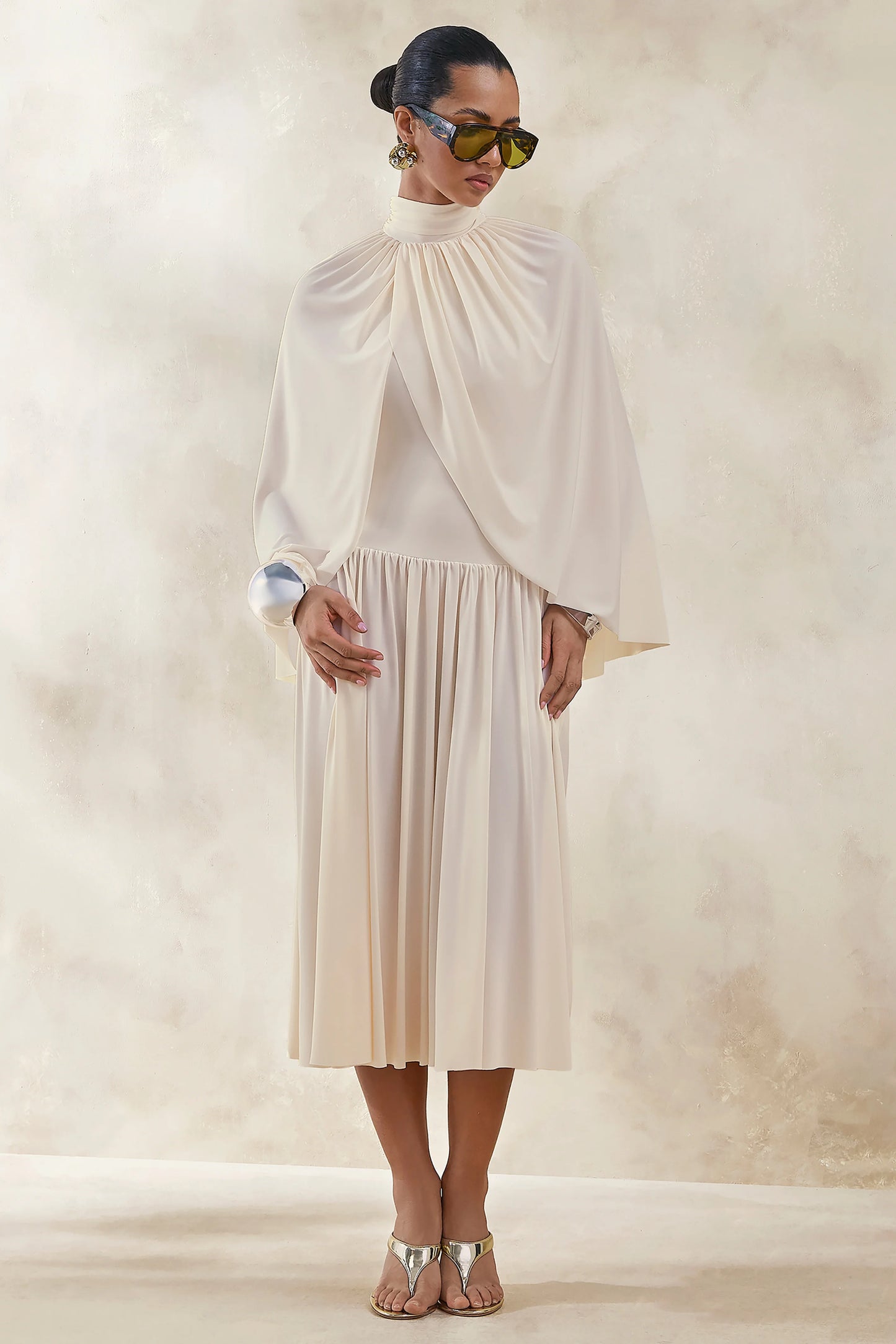 Honora Cream High-Neck Midi Dress With Cape-Sleeves