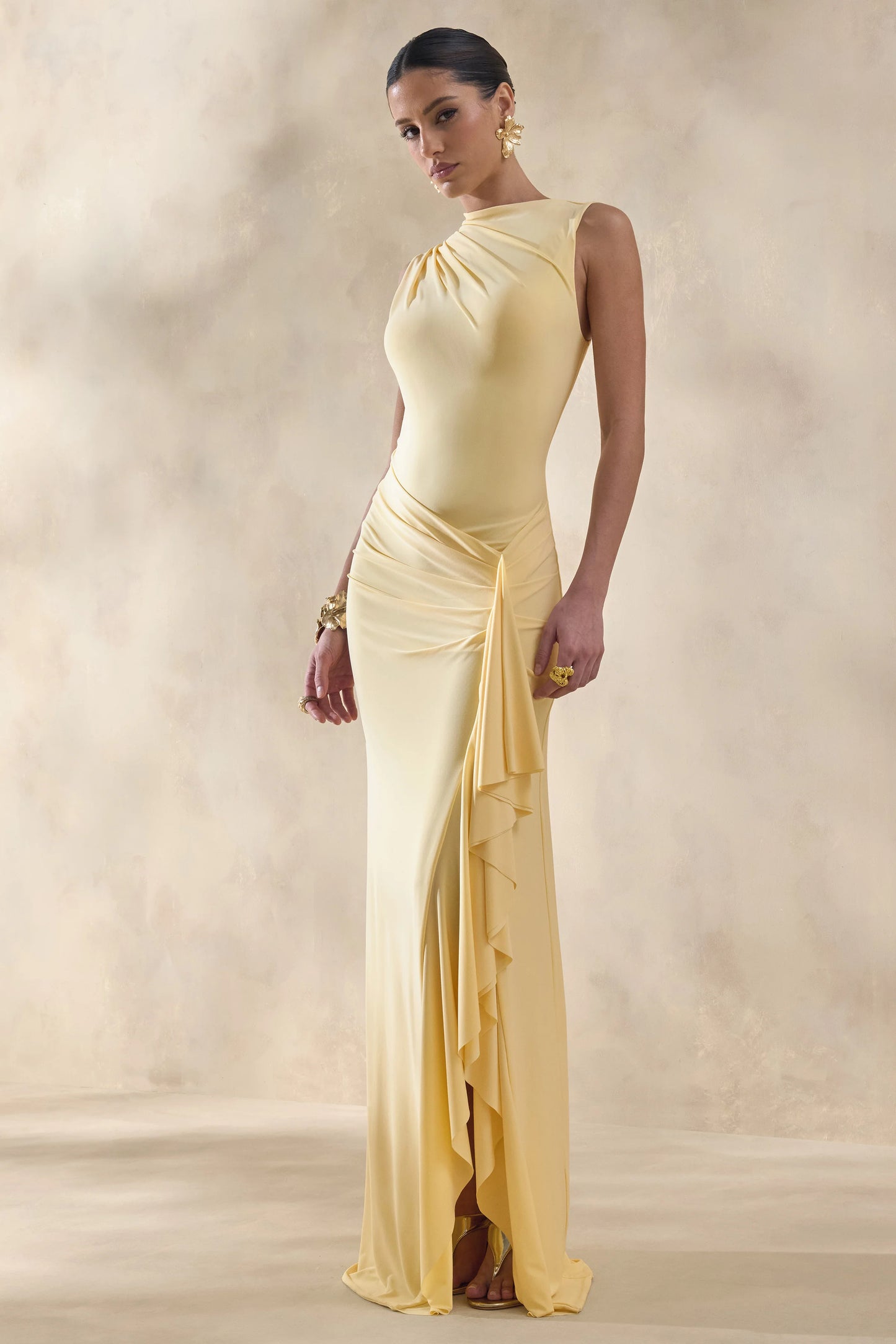 Helessia Lemon Asymmetric-Neck Maxi Dress With Gathered-Detailing And Sash