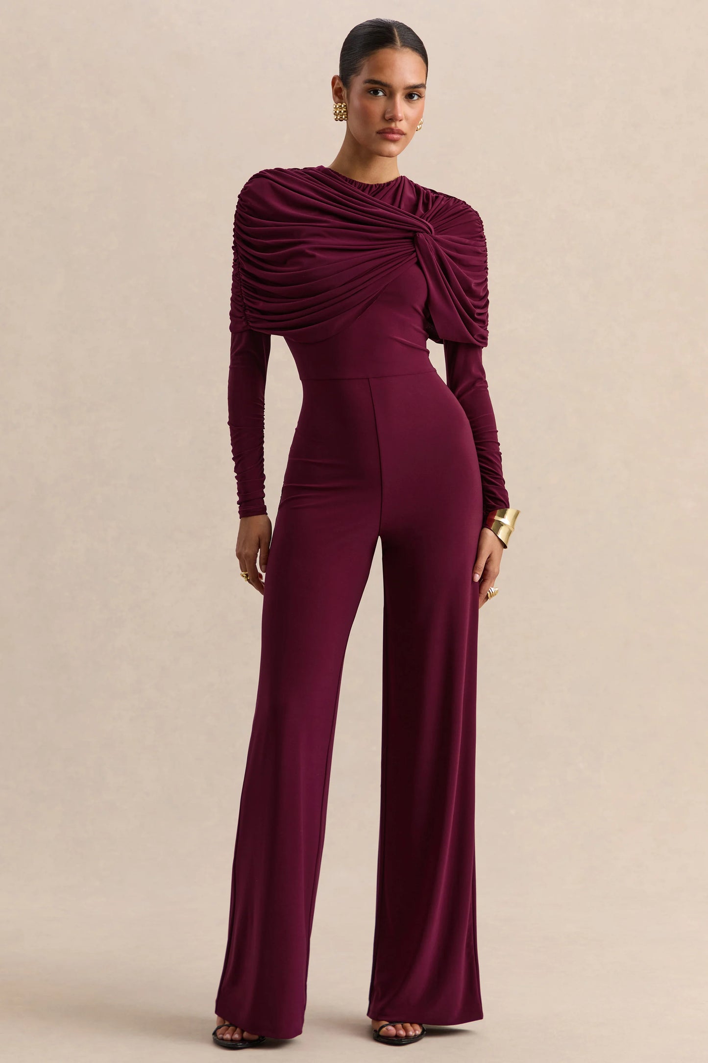 Eloura Burgundy High-Neck Jumpsuit With Twist-Gathered Detail