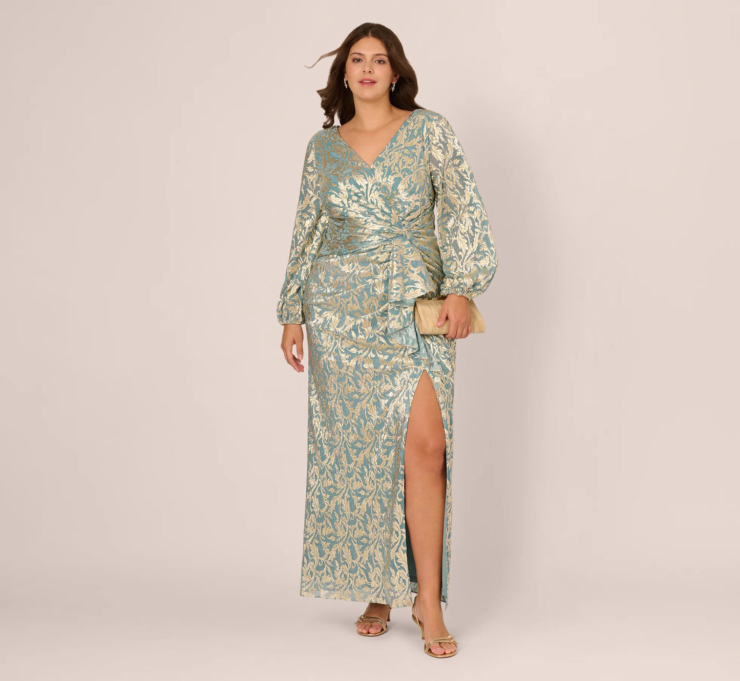 Plus Size Long Sleeve Metallic Crinkle Drape Gown In Mint Gold