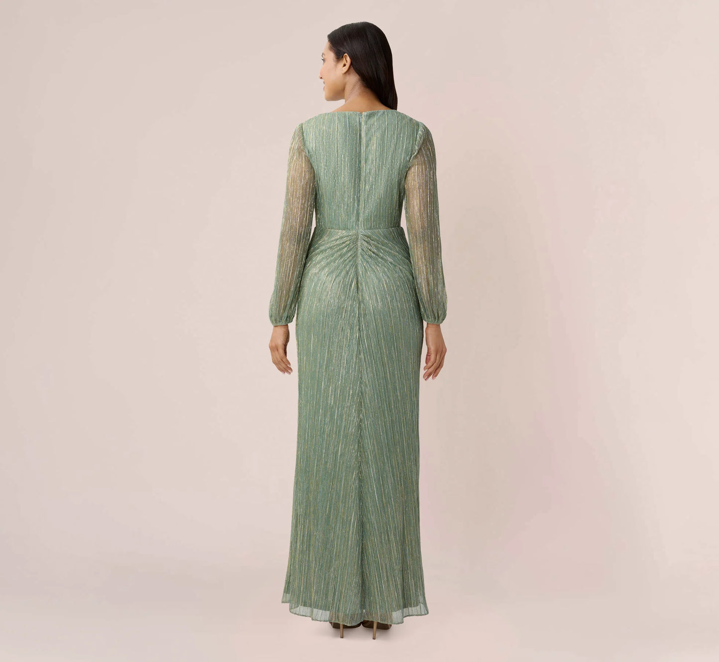 Metallic Crinkled Mesh Draped Long Gown In Green Slate