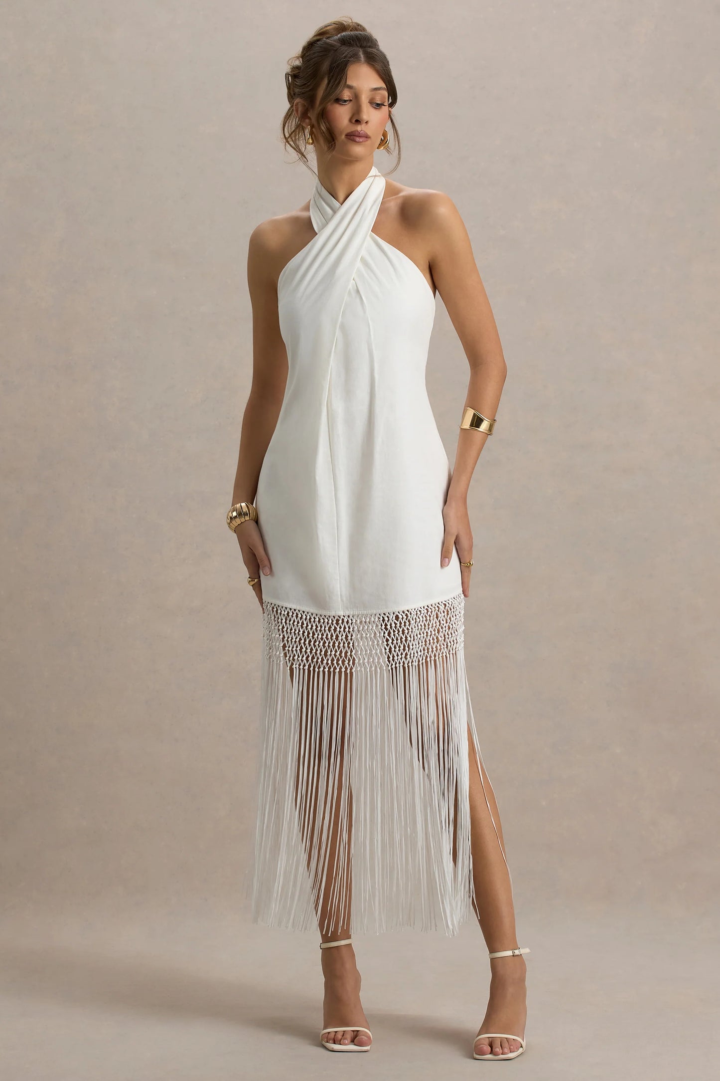 Fiametta Ecru Linen Halter-Neck Fringe Maxi Dress