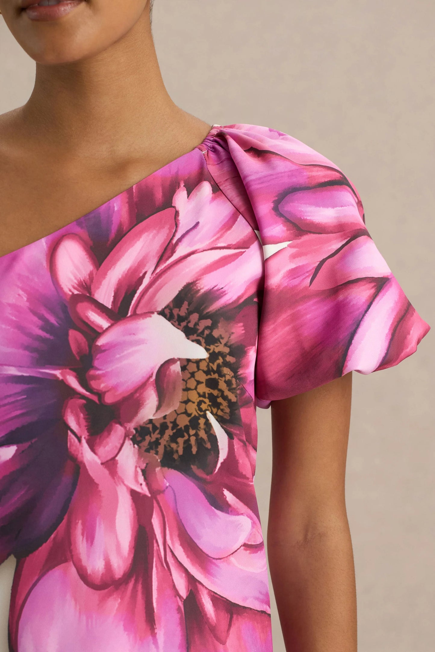 Anastasia Large Multi-Floral Print Asymmetric-Neck Maxi Dress