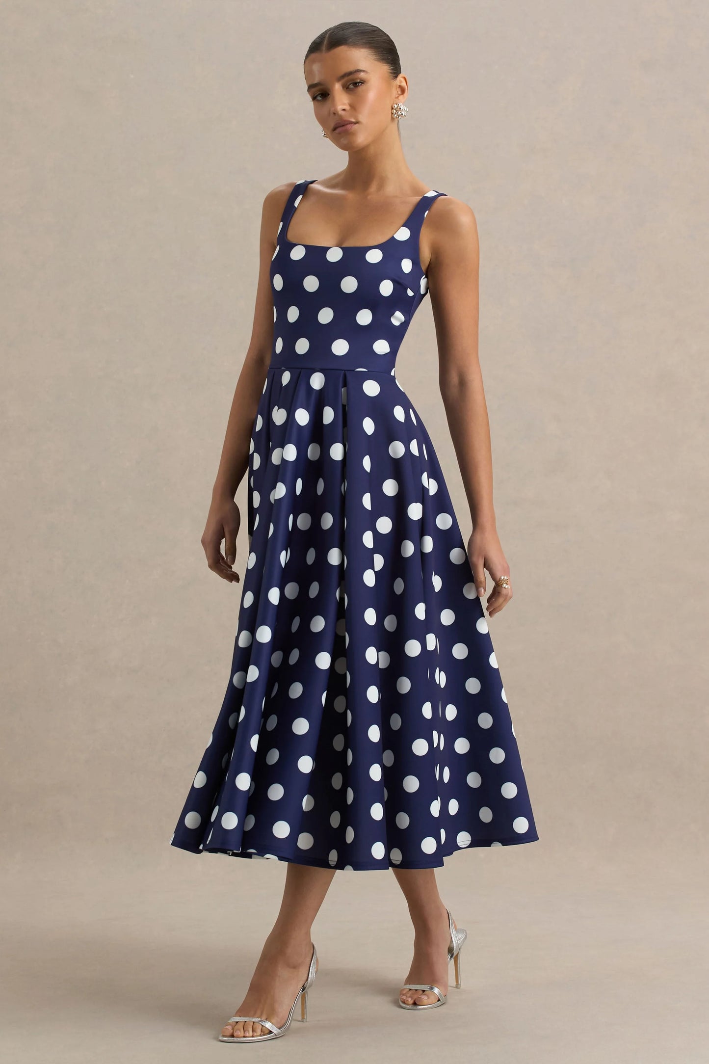 Berta Navy And White Polka-Dot Square-Neck Midi Dress