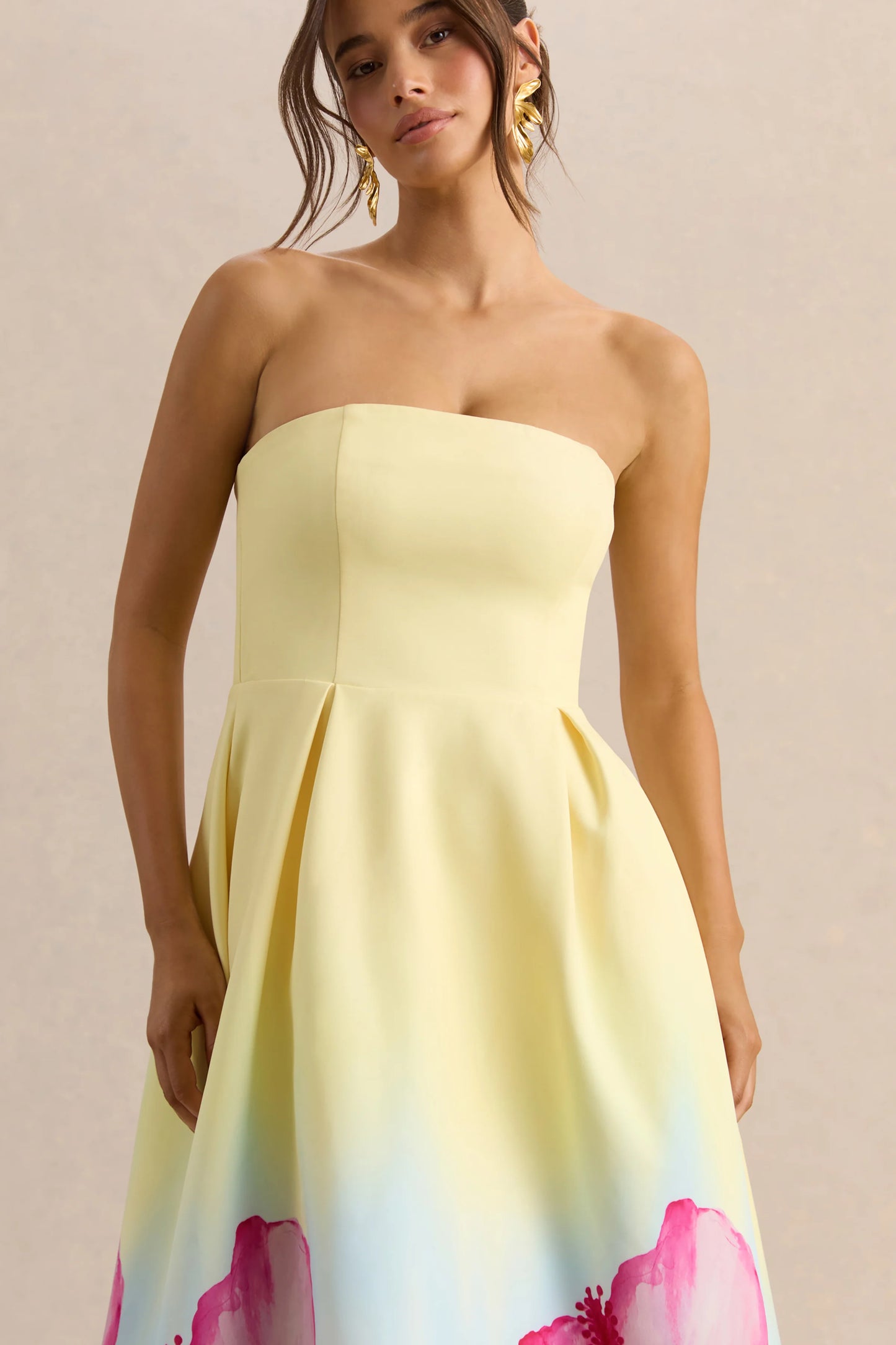 Zoya Yellow Ombre Lily Print Bandeau Midi Dress