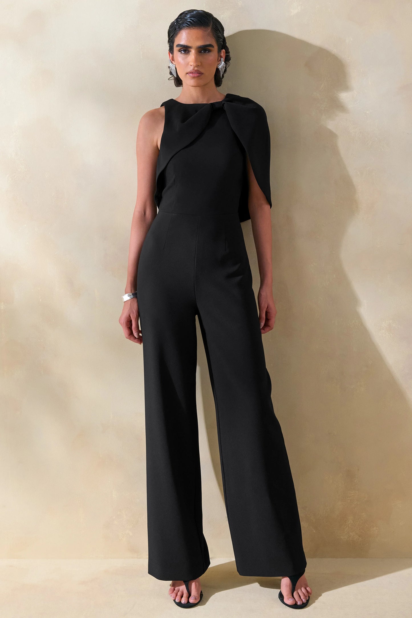 Quinley Black Asymmetric-Neck Jumpsuit With Cape-Sleeve