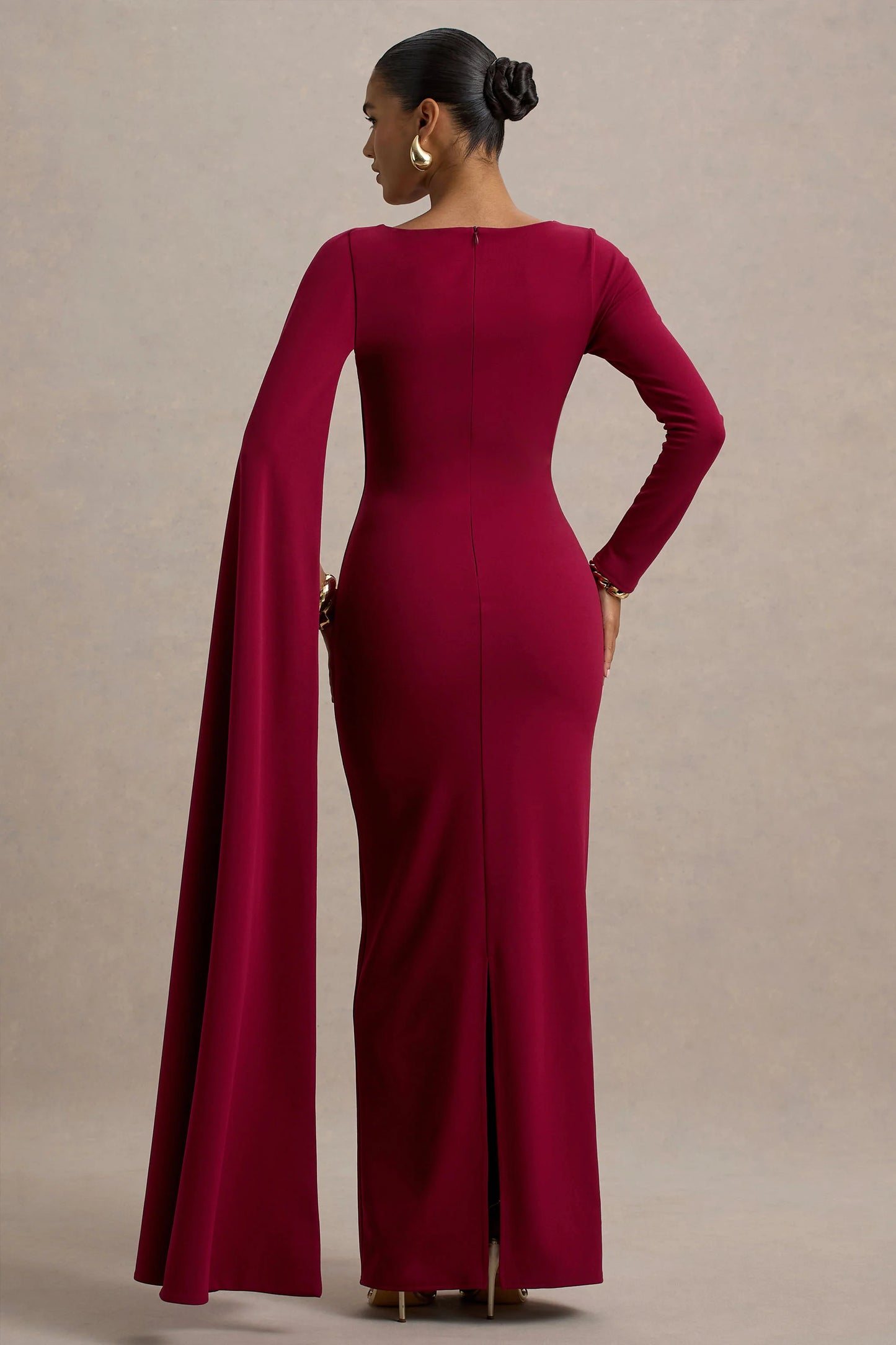 Frances Burgundy High-Neck Maxi Dress With Cape Detail