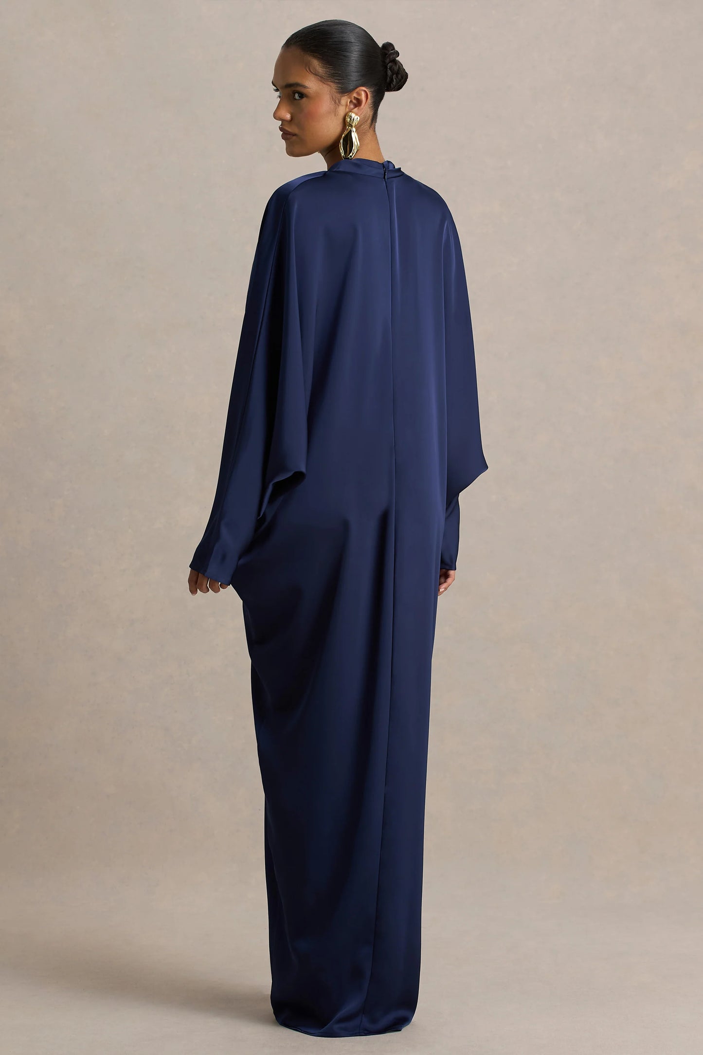 Tina Navy Satin Plunge-Neck Embellished Maxi Dress