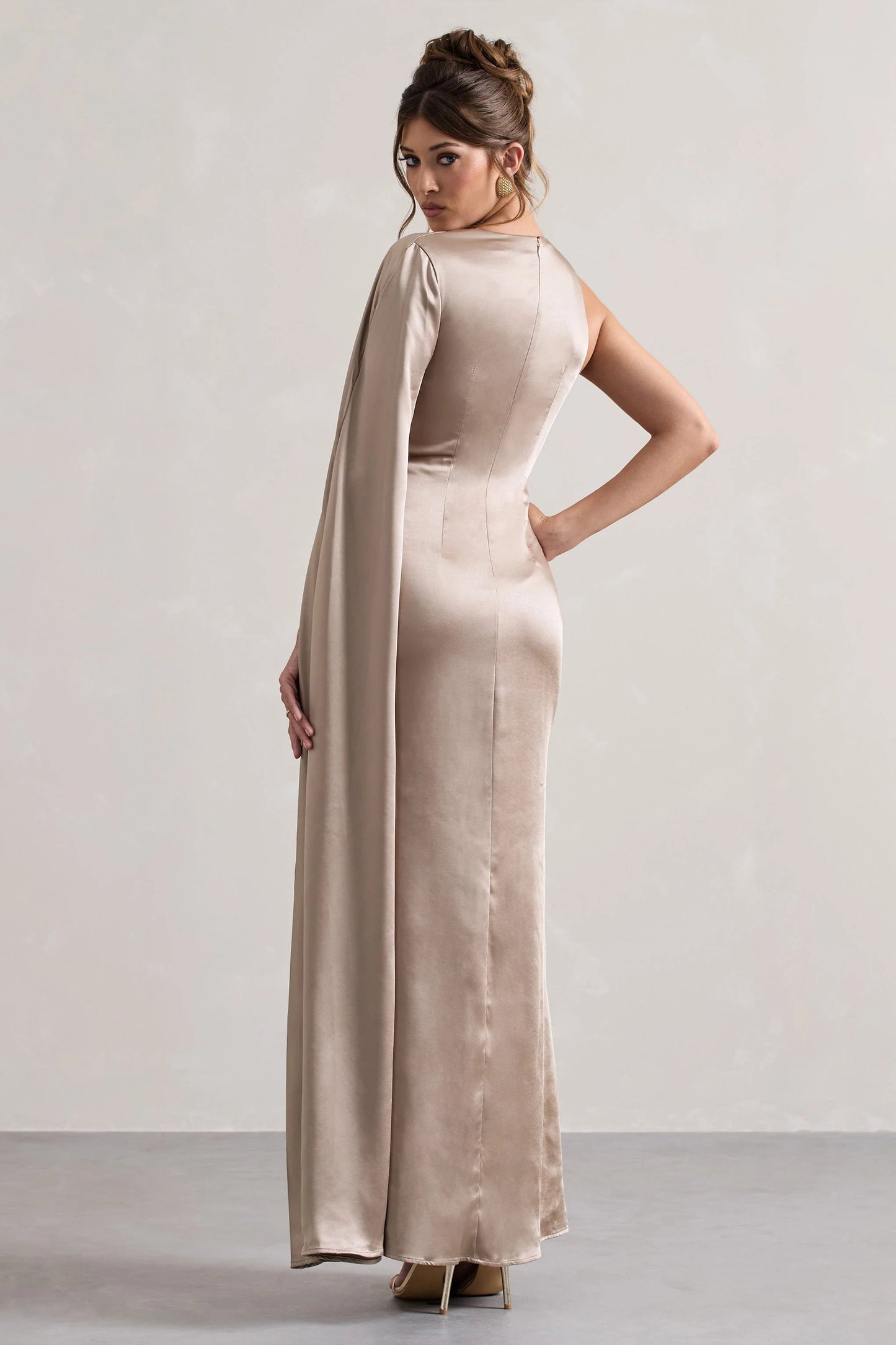 Gala Taupe Satin One-Shoulder Cape Sleeve Split Maxi Dress