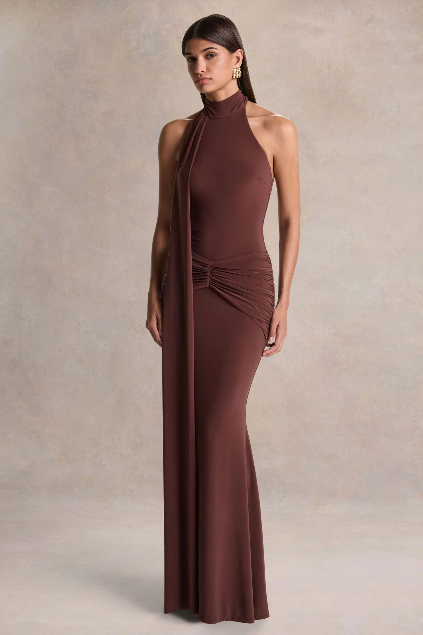Hyla Brown High-Neck Maxi Dress With Sash-Detail