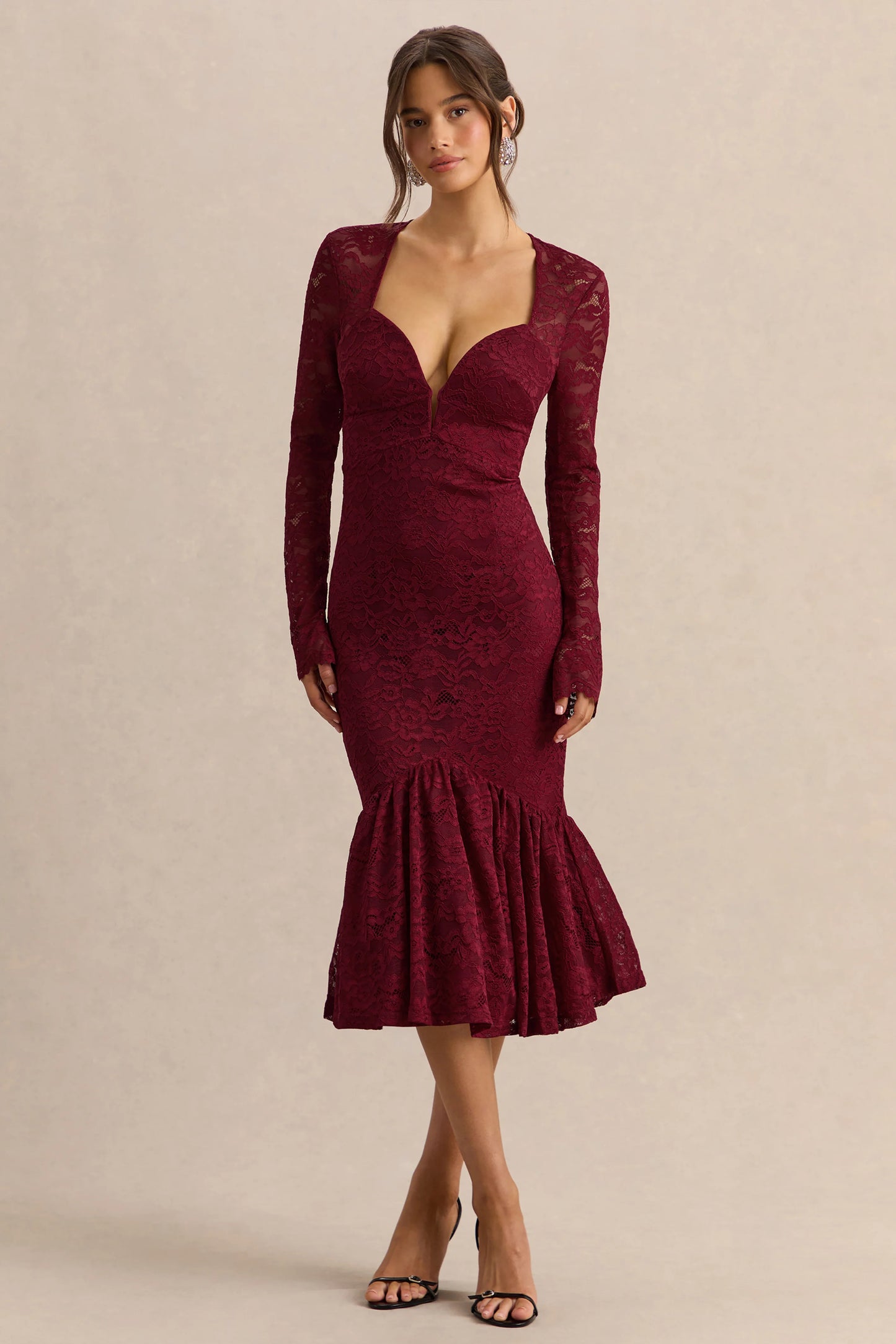 Camilly Burgundy Lace Plunge-Neck Mermaid Midi Dress
