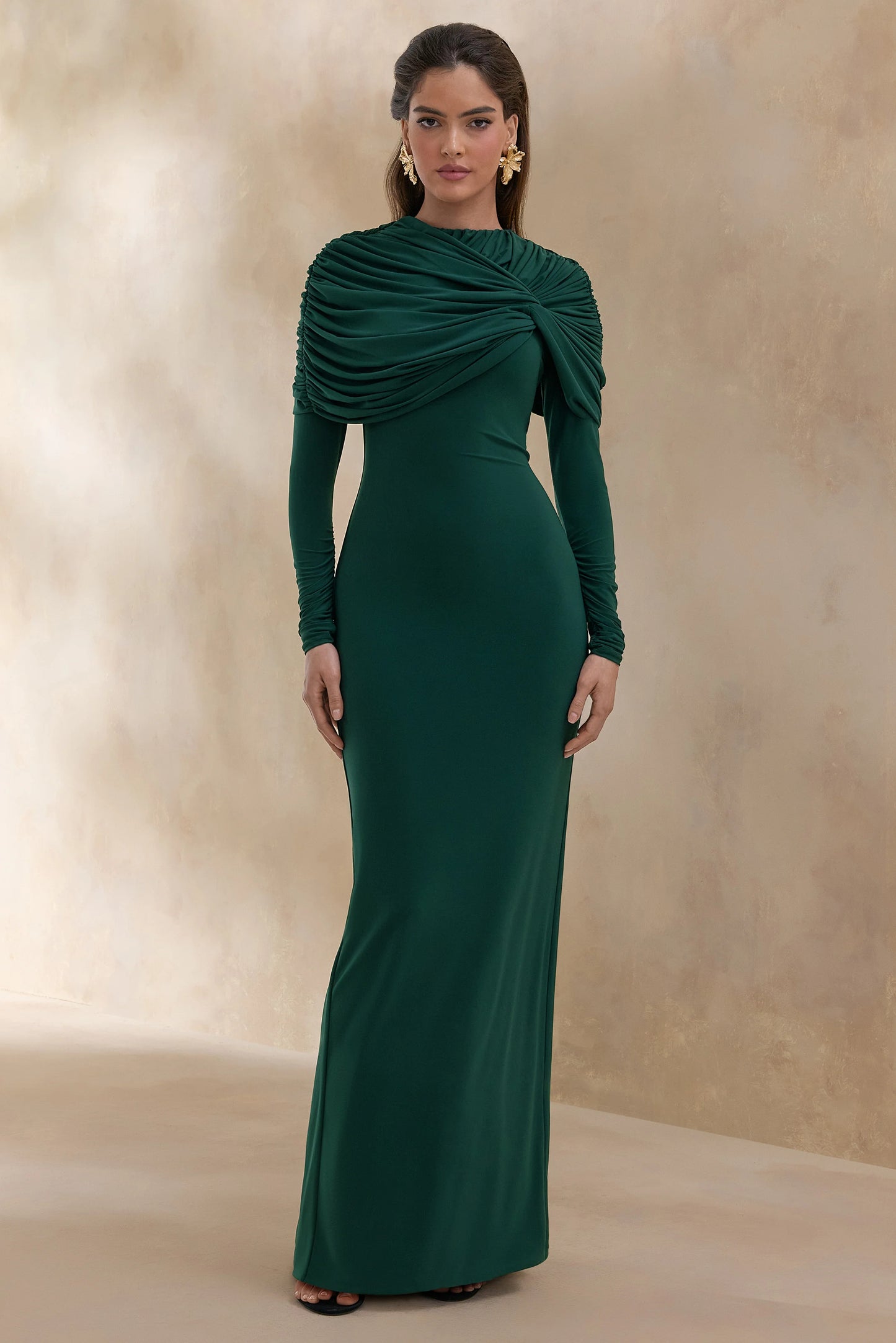 Evessa Dark Green High-Neck Maxi Dress With Gathered-Detailing