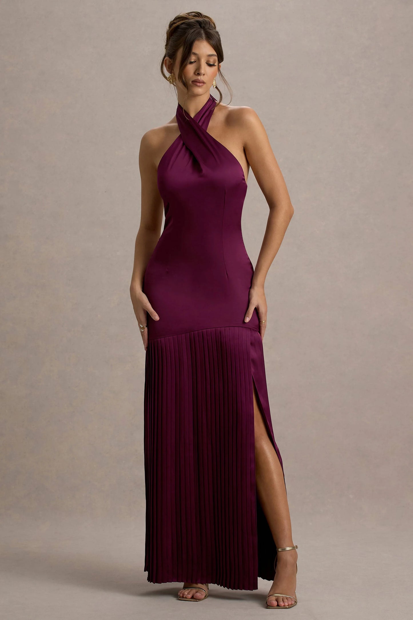 Sansa Burgundy Satin Cross Halter-Neck Plisse Maxi Dress