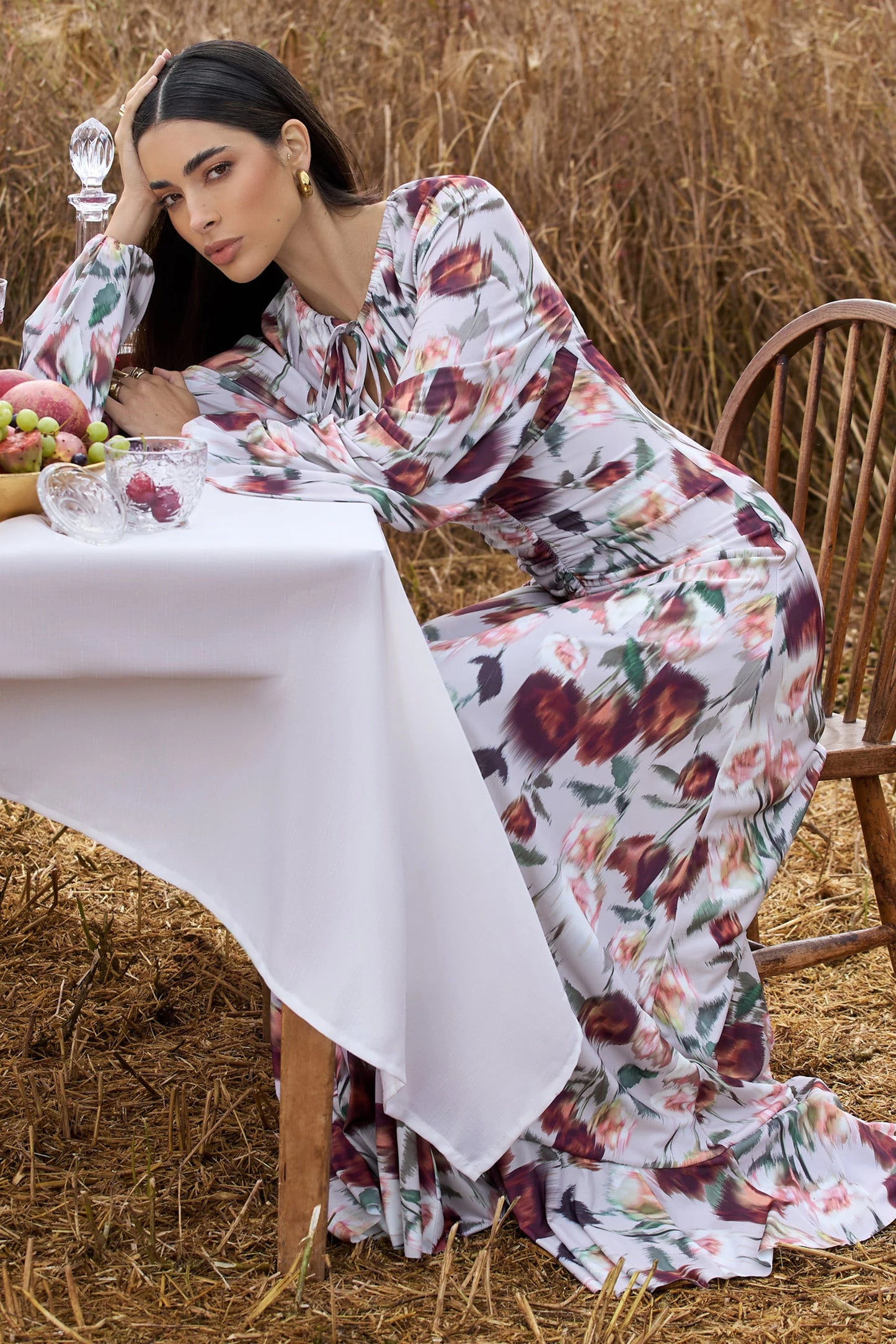 Althena Cream Floral Print Balloon-Sleeve Maxi Dress