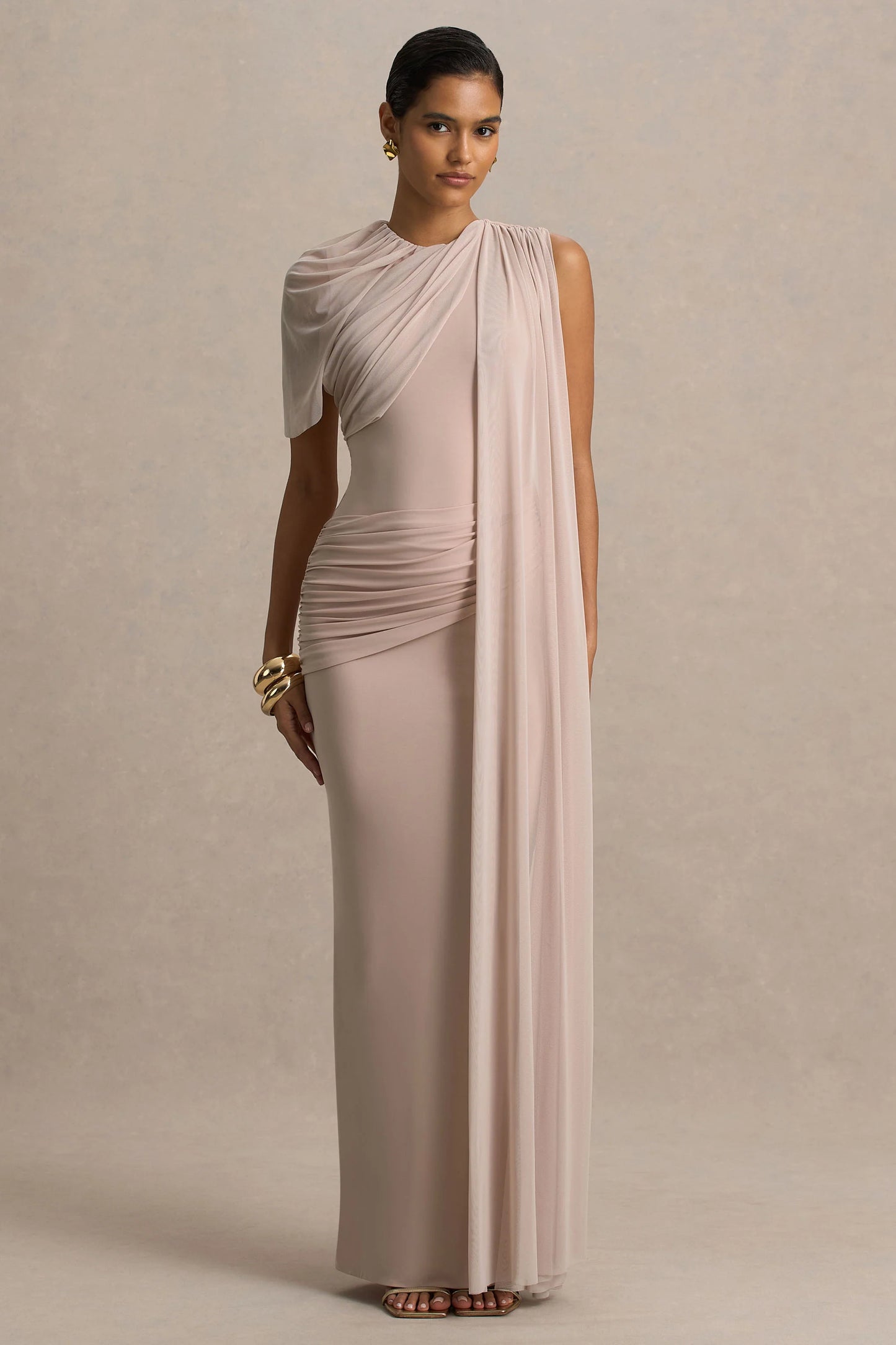 Brenda Champagne Crew-Neck Maxi Dress With Mesh Cape And Sash