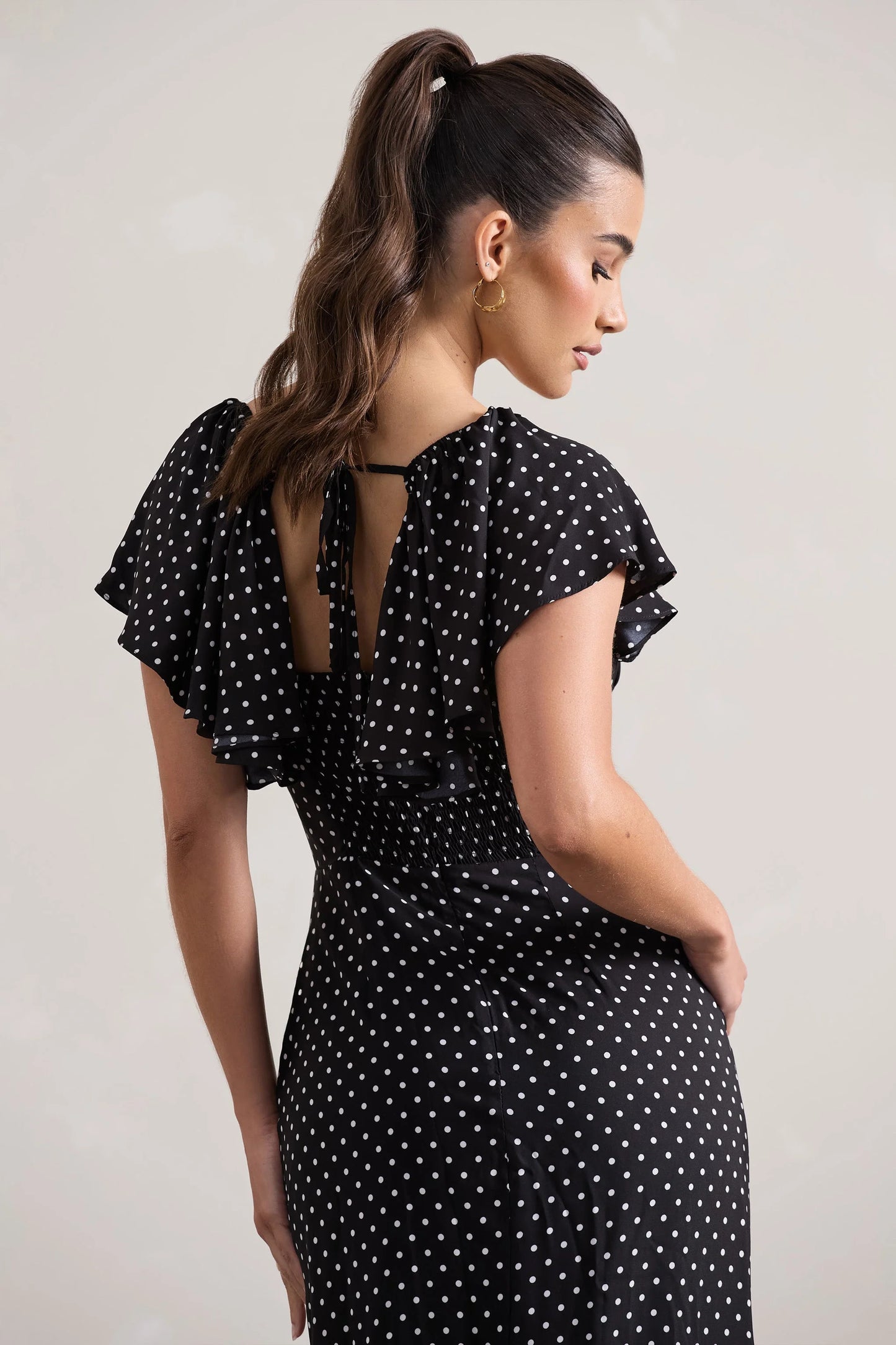 Signorina Black Polka Dot Buttoned Maxi Dress With Flounced Short Sleeves