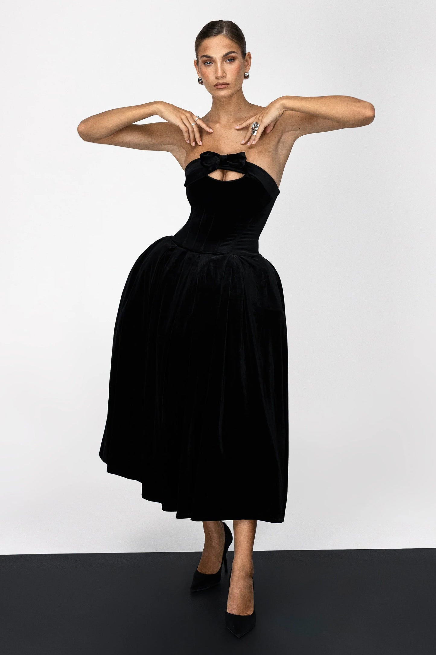 Hepburn Black Velvet Bandeau Midi Dress With Bow