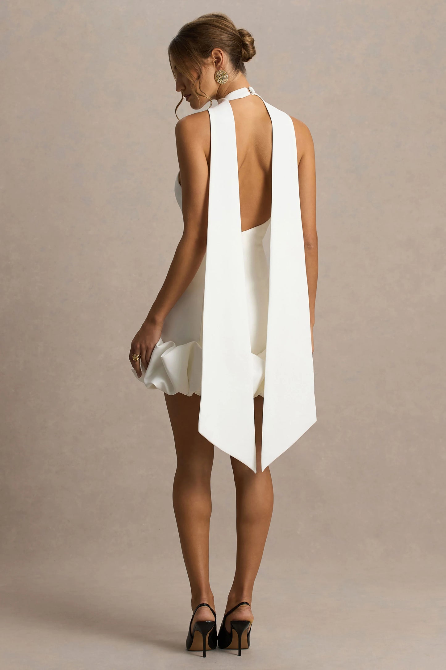 Geneve White Halter-Neck Mini Dress With Ruffled Trim