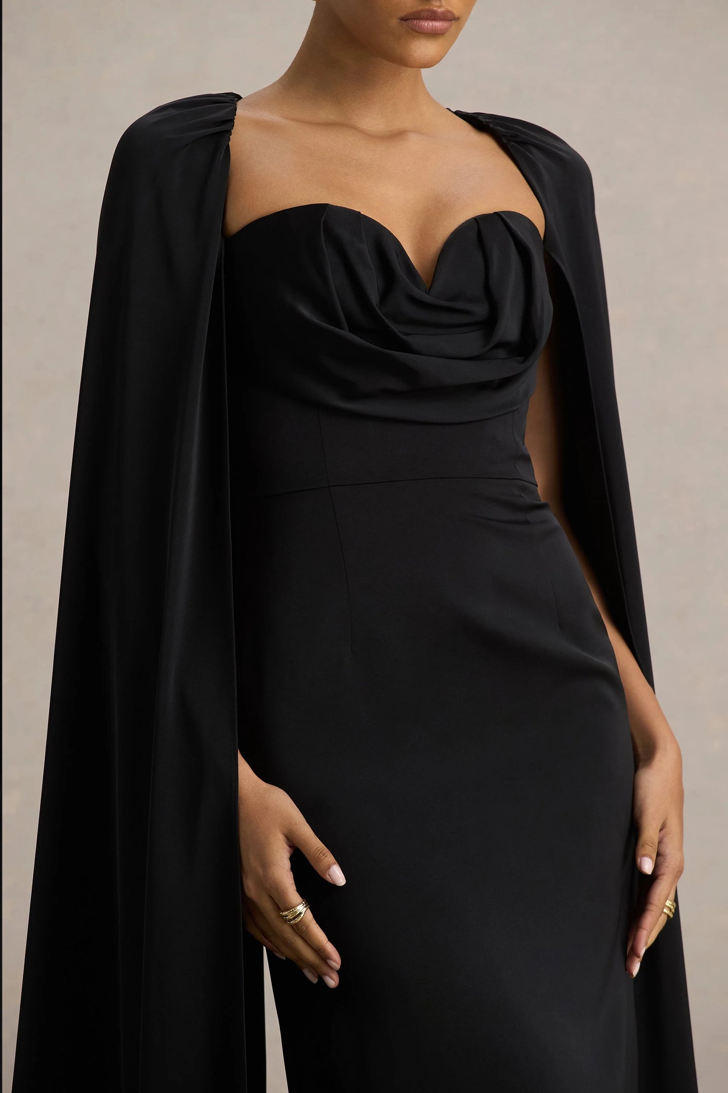 Wren Black Satin Sweetheart-Neck Maxi Dress With Cape Sleeves