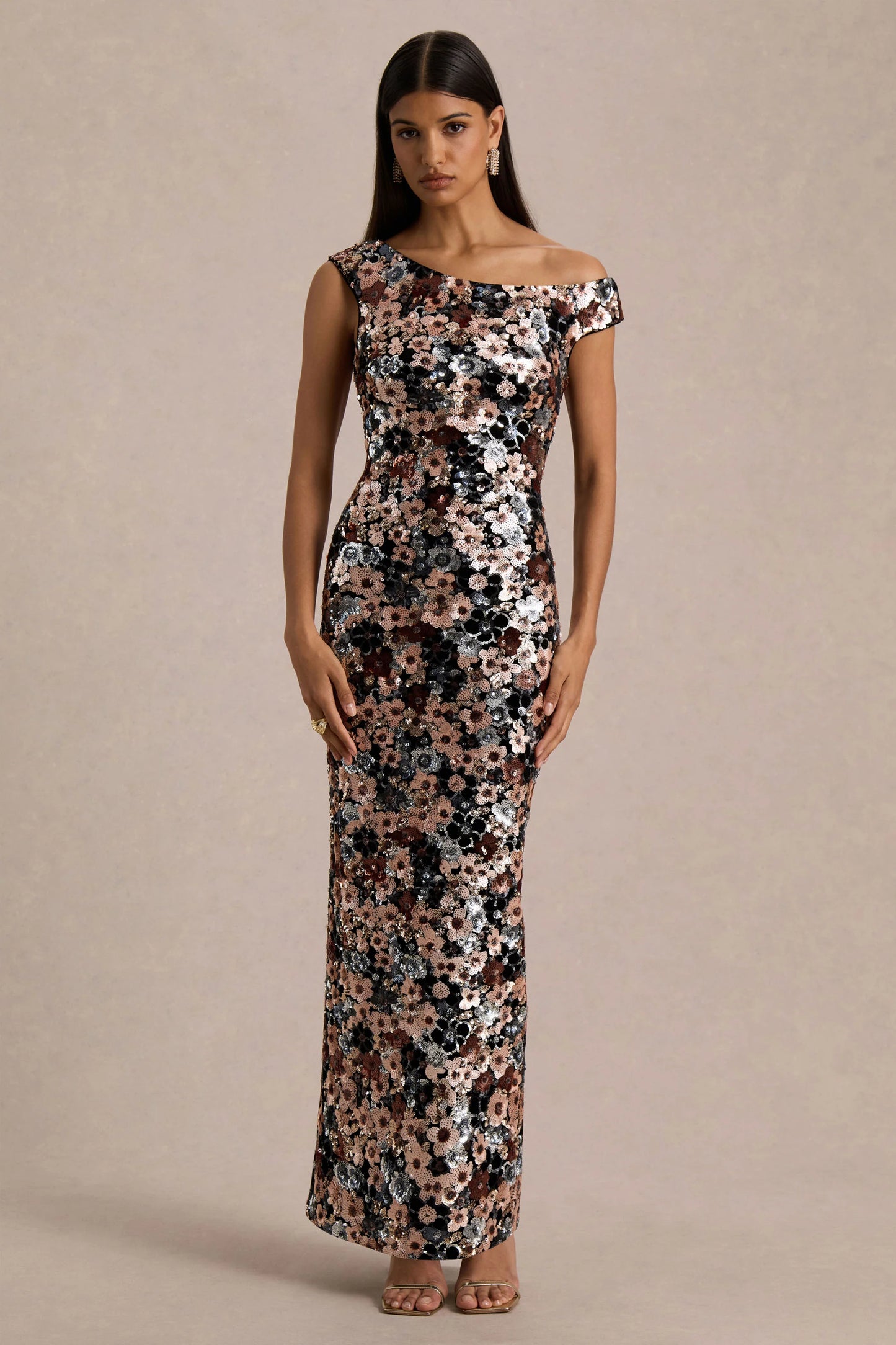 Electric Black Velvet & Embellished Sequin Floral Asymmetric-Neck Maxi Dress