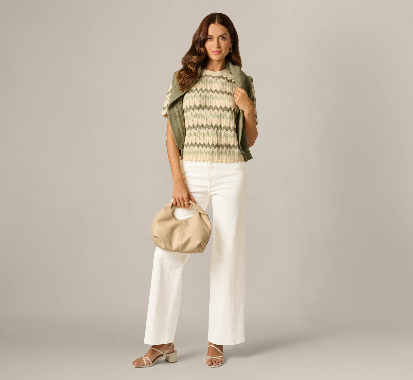Short Sleeve Open Pointelle Scalloped Sweater In Dusty Sage Green Chevron