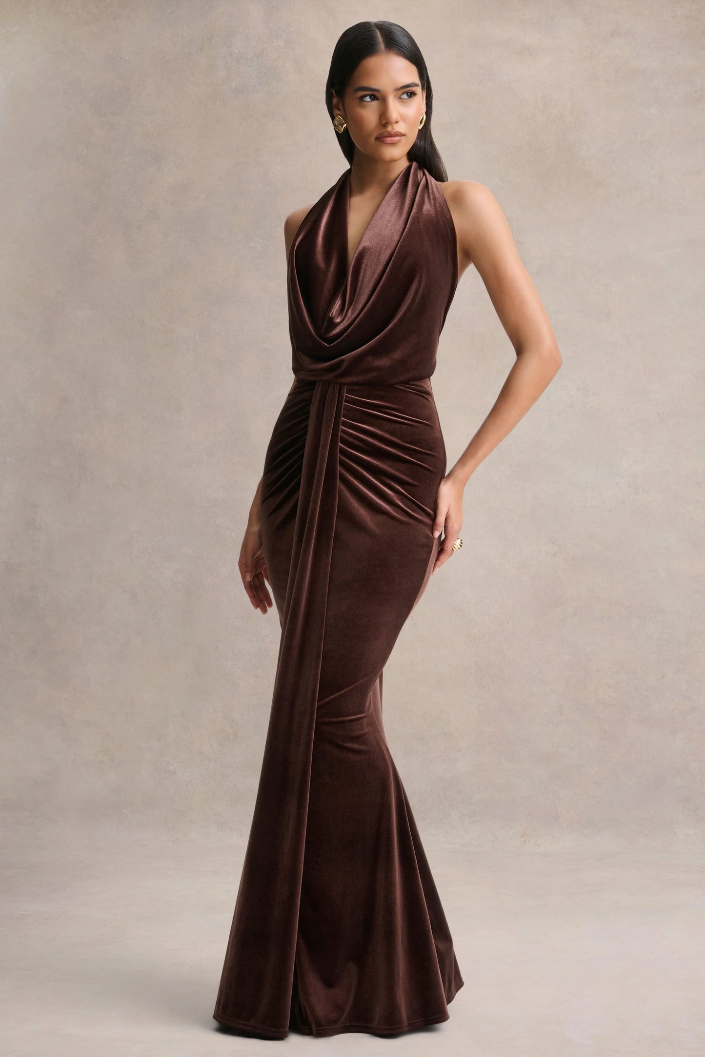 Lavernia Brown Velvet Halter-Neck Maxi Dress With Gathered-Detailing