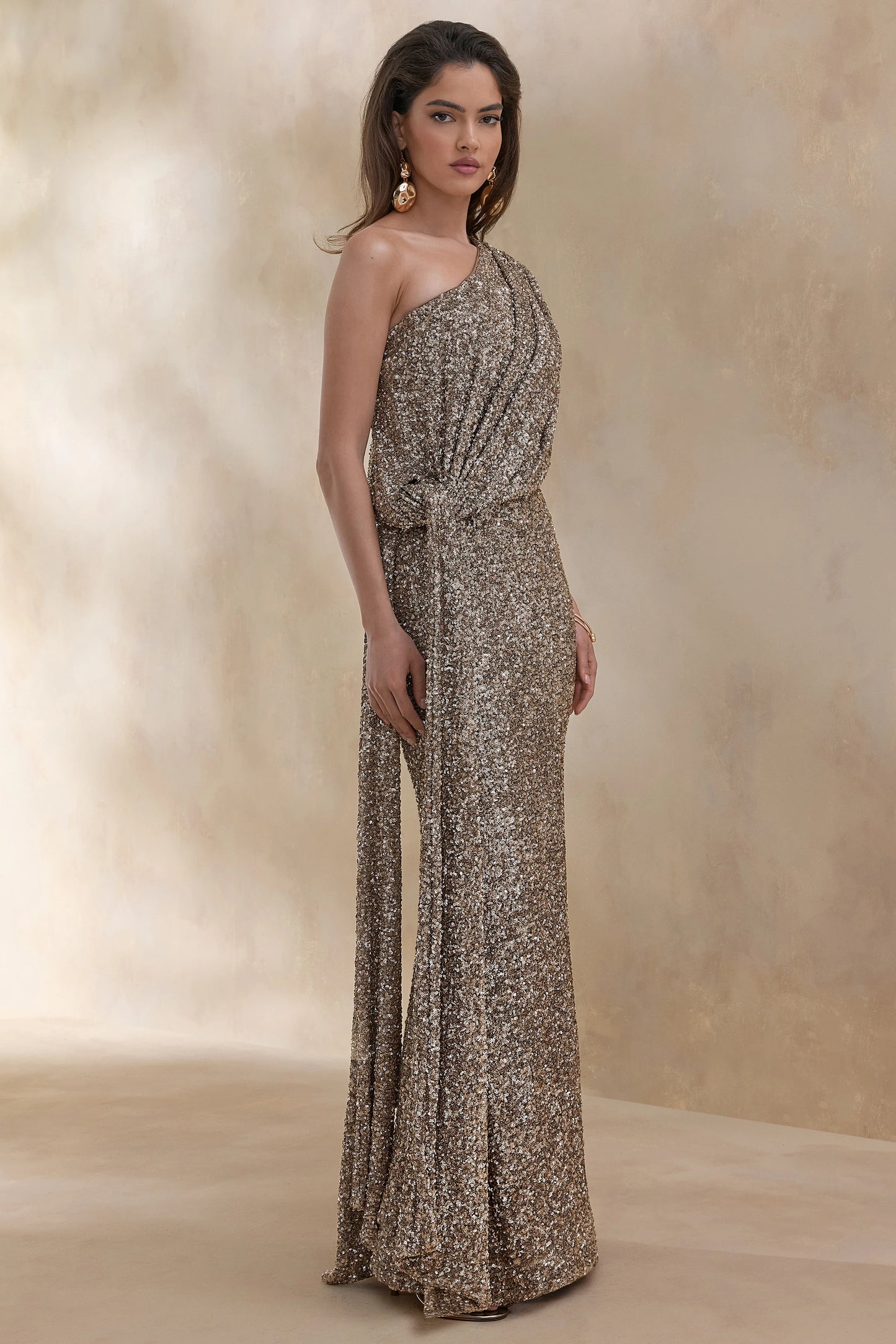 Liori Champagne Sequin Asymmetric-Neck Maxi Dress With Sash