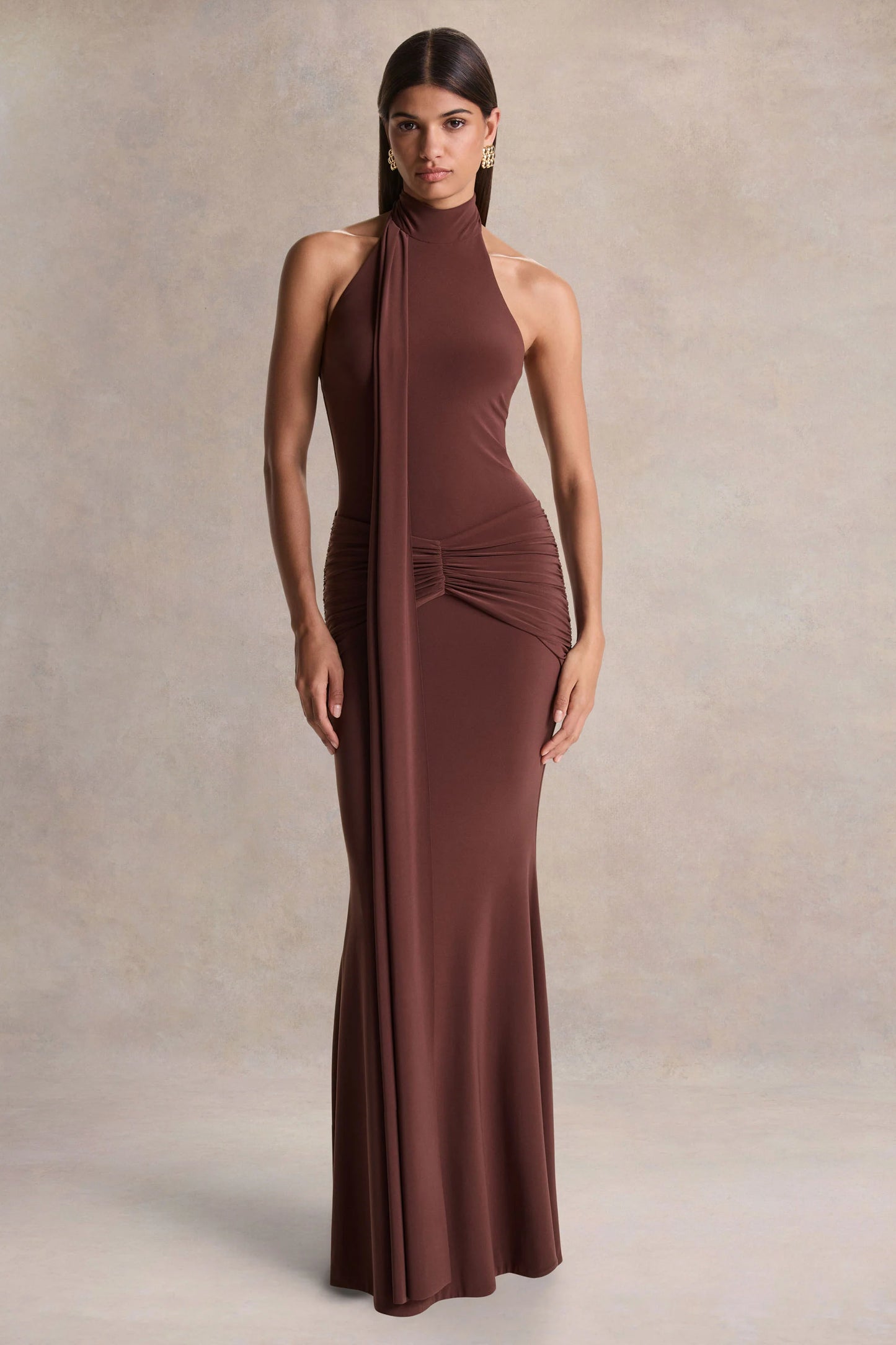 Hyla Brown High-Neck Maxi Dress With Sash-Detail