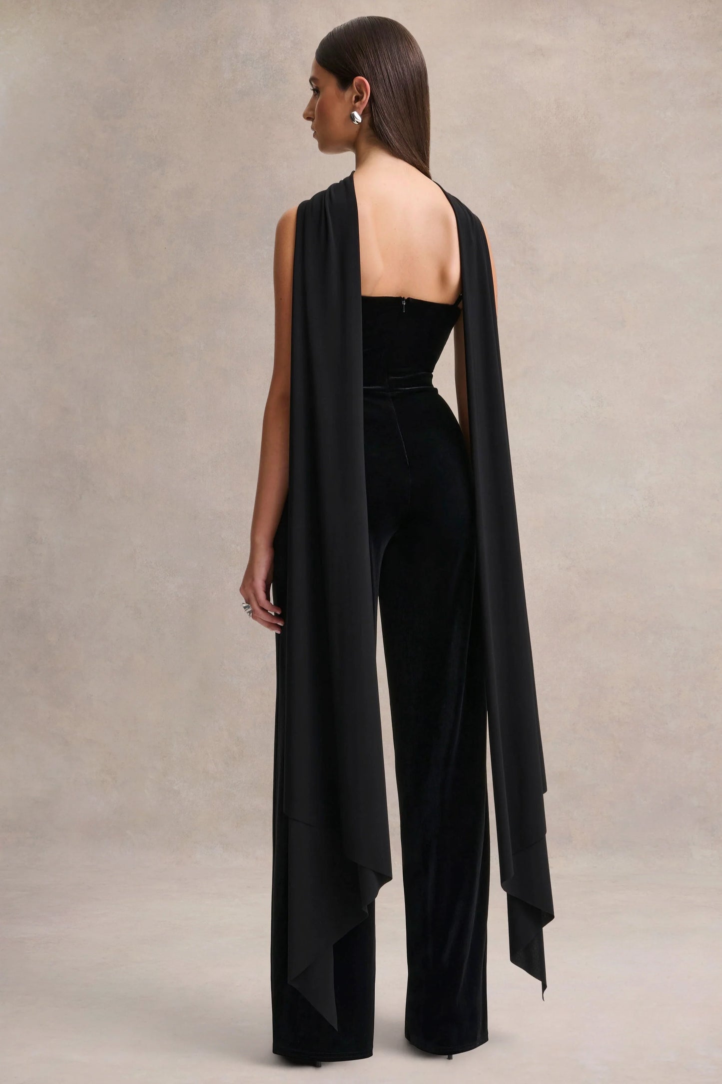 Madalina Black High-Neck Jumpsuit With Scarf-Detail