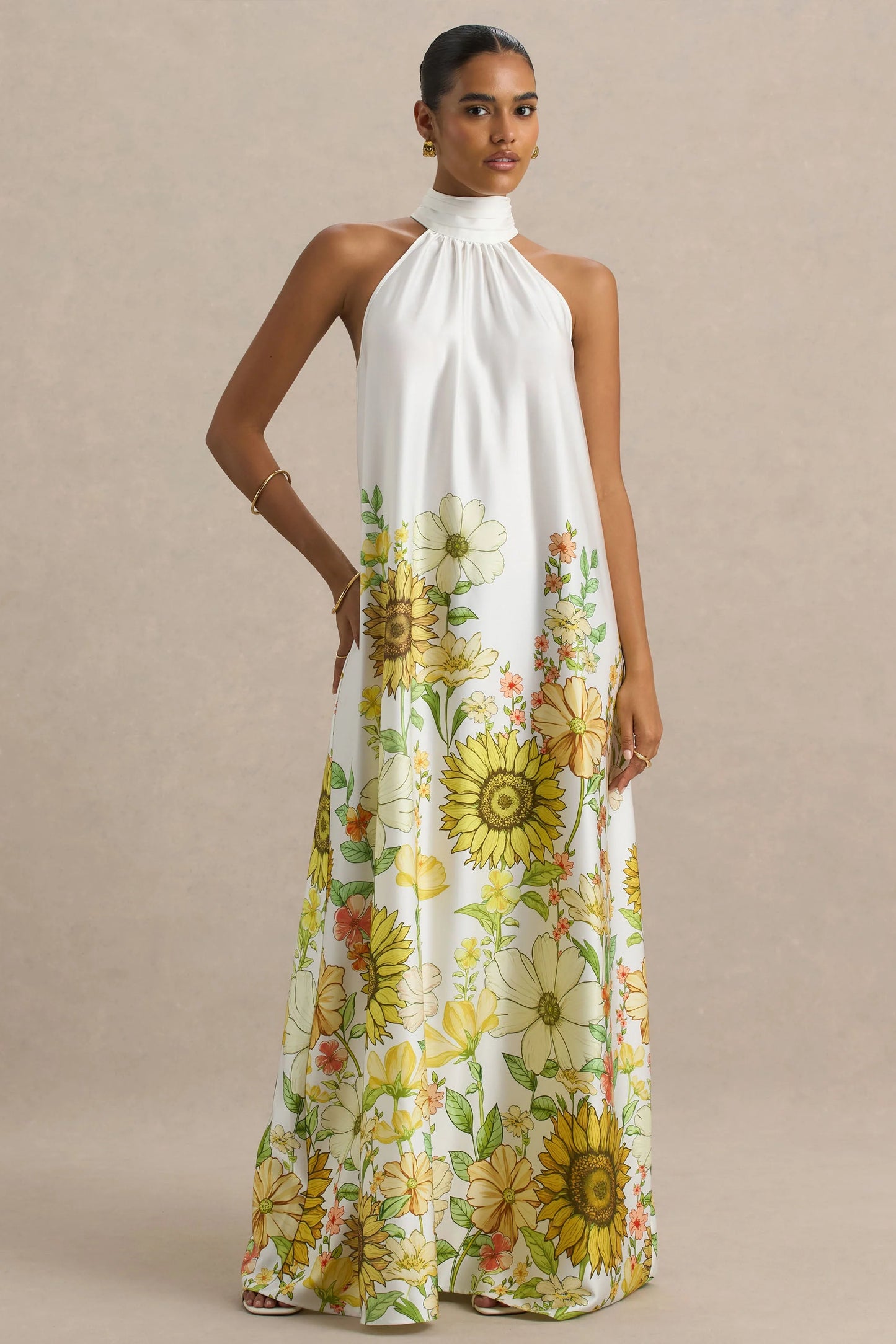 Glide Sunflower Print Satin High-Neck Slip Maxi Dress