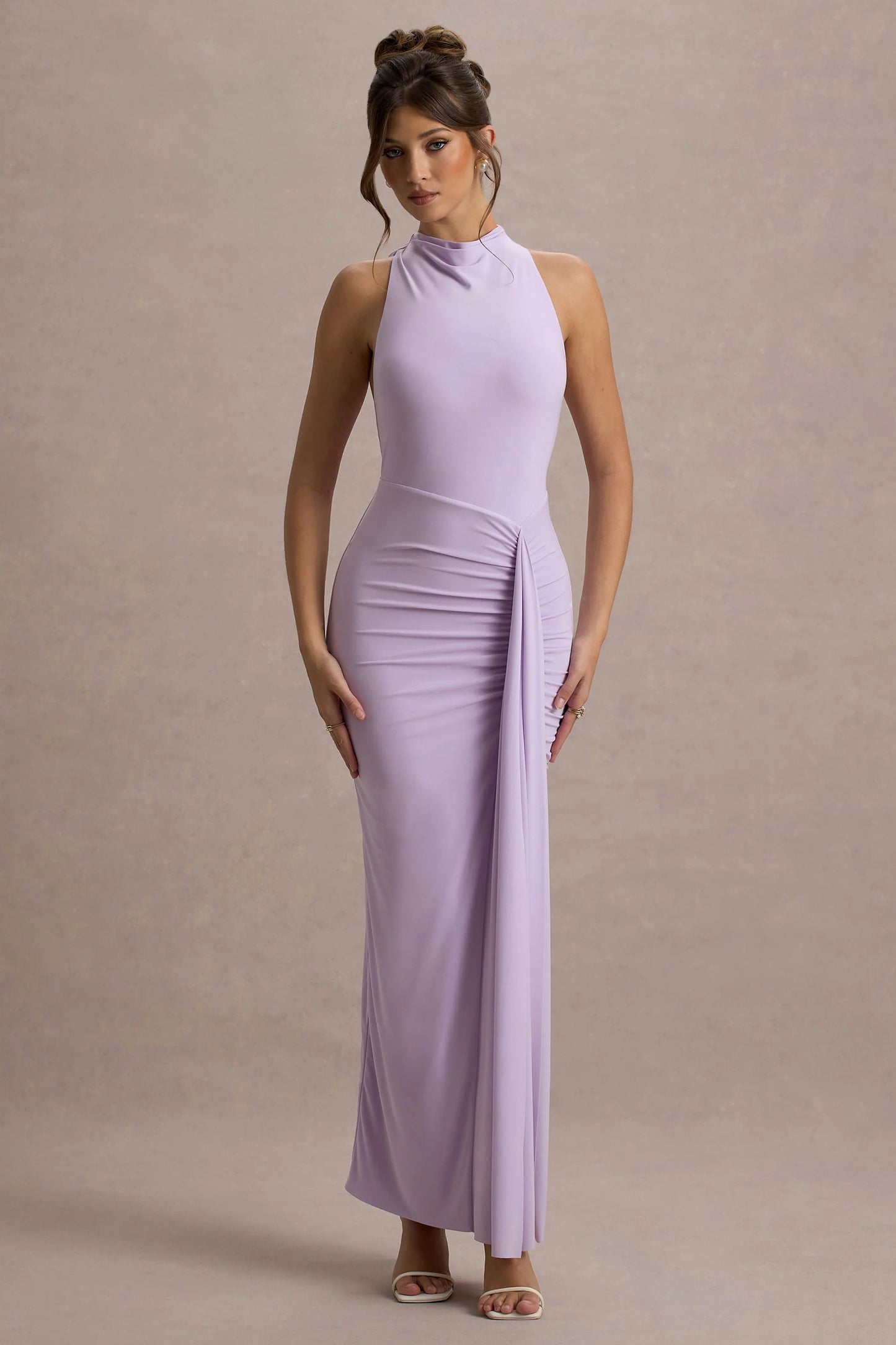 Sunflower Lilac Ruched High-Neck Split Maxi Dress