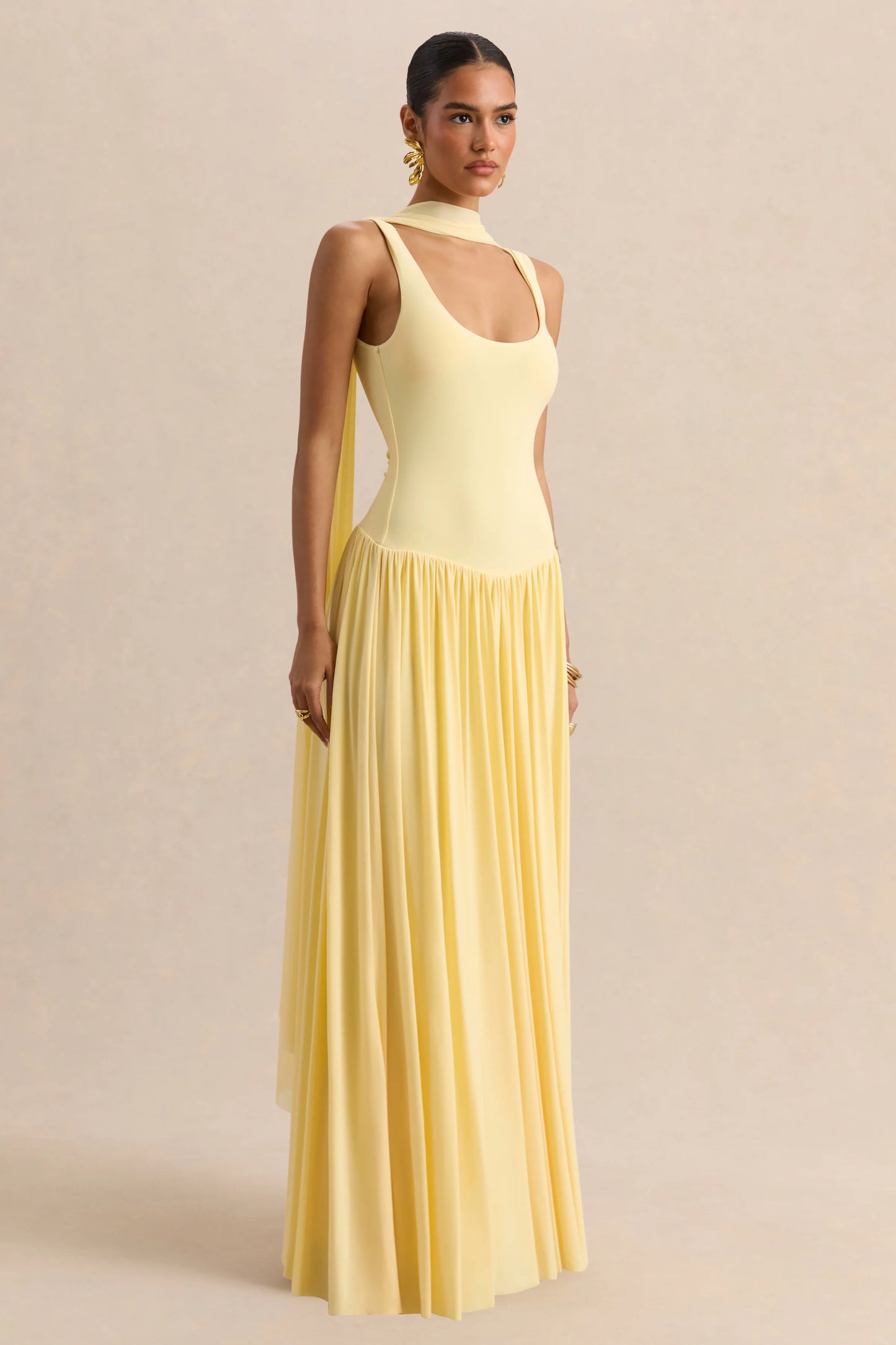 Aurina Lemon Square-Neck Maxi Dress With Scarf-Detail
