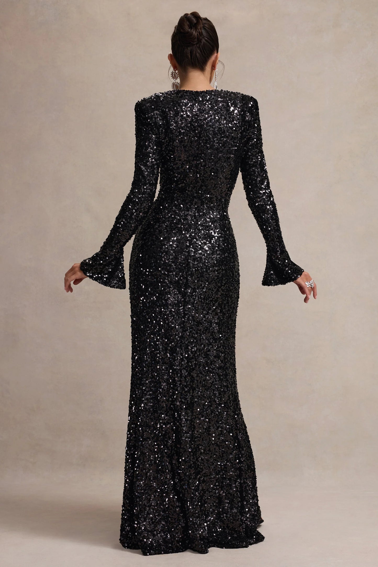Wild Dream Black Sequin Plunge-Neck Ruffle Split Maxi Dress