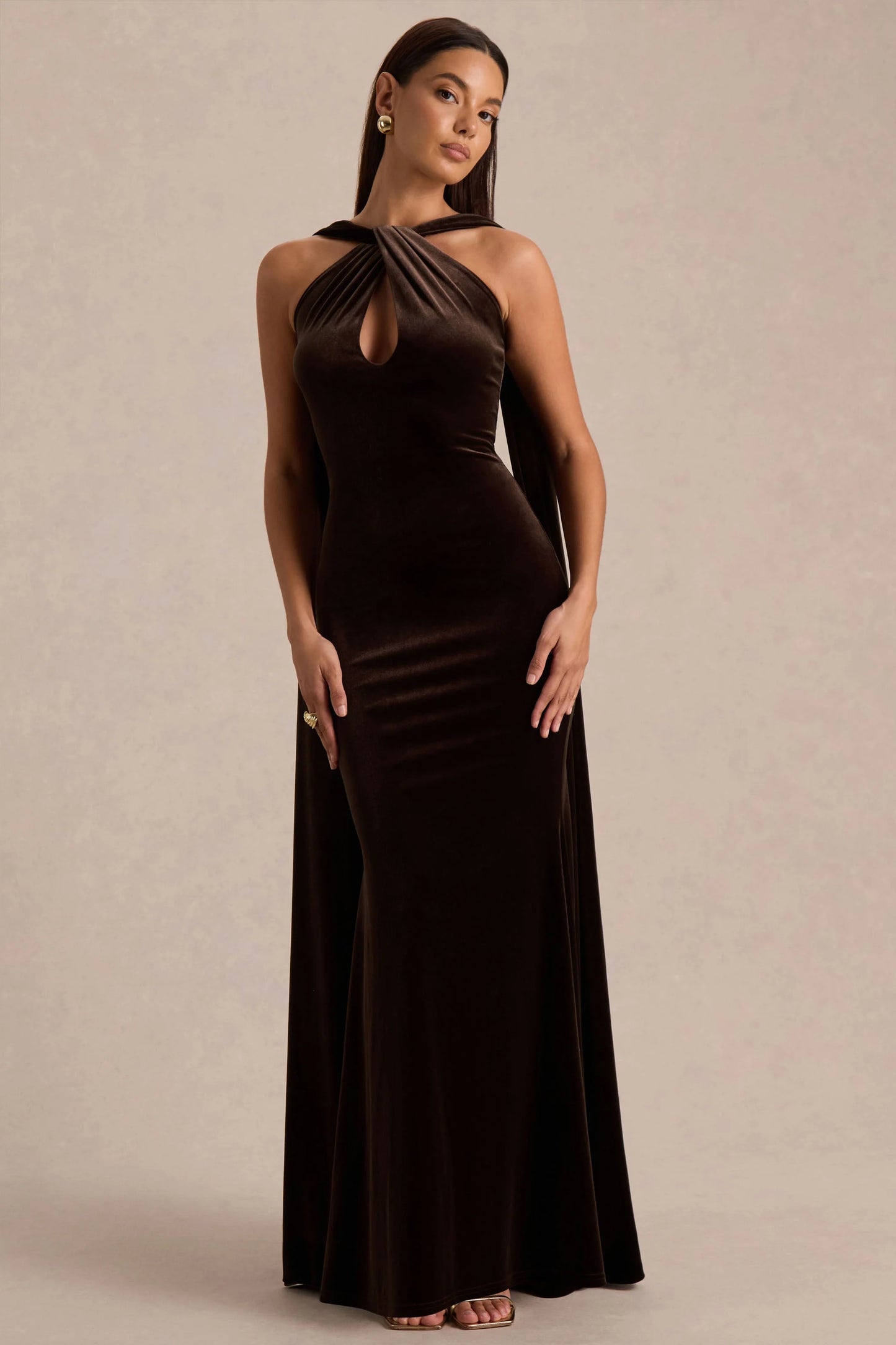 Layli Brown Velvet Halter-Neck Maxi Dress With Cape