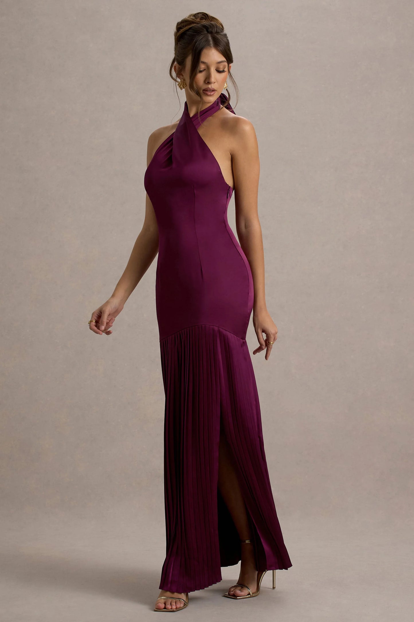 Sansa Burgundy Satin Cross Halter-Neck Plisse Maxi Dress