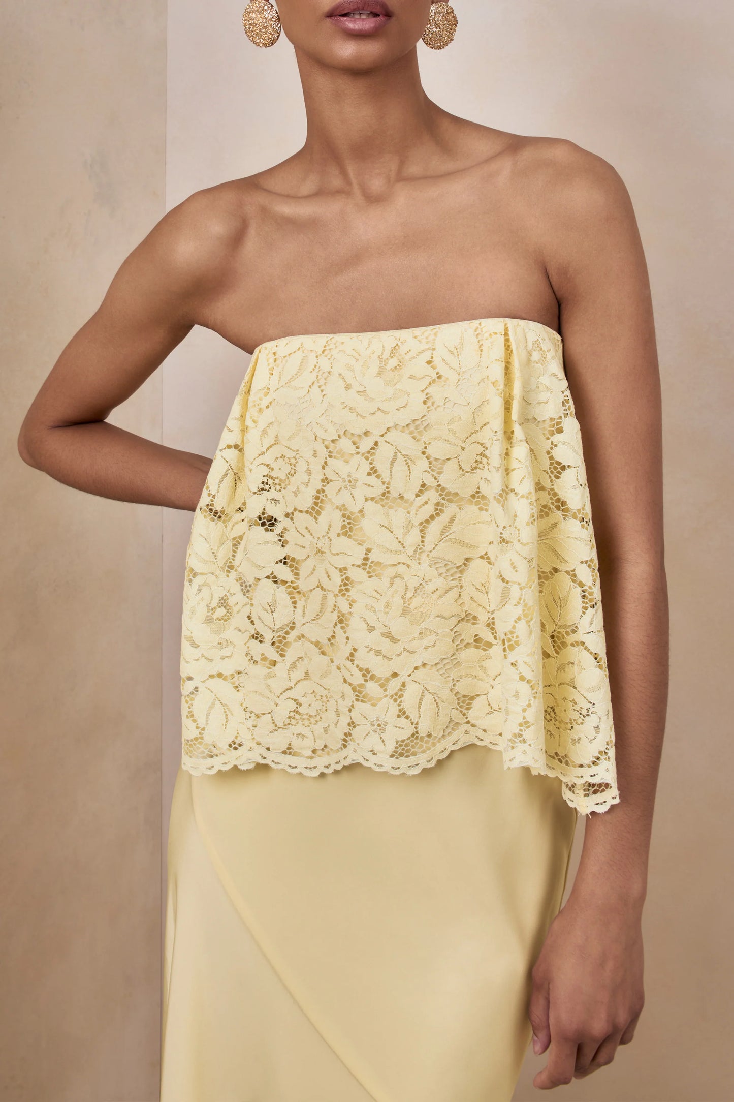 Clemency Lemon Lace And Matte Satin Bandeau Maxi Dress