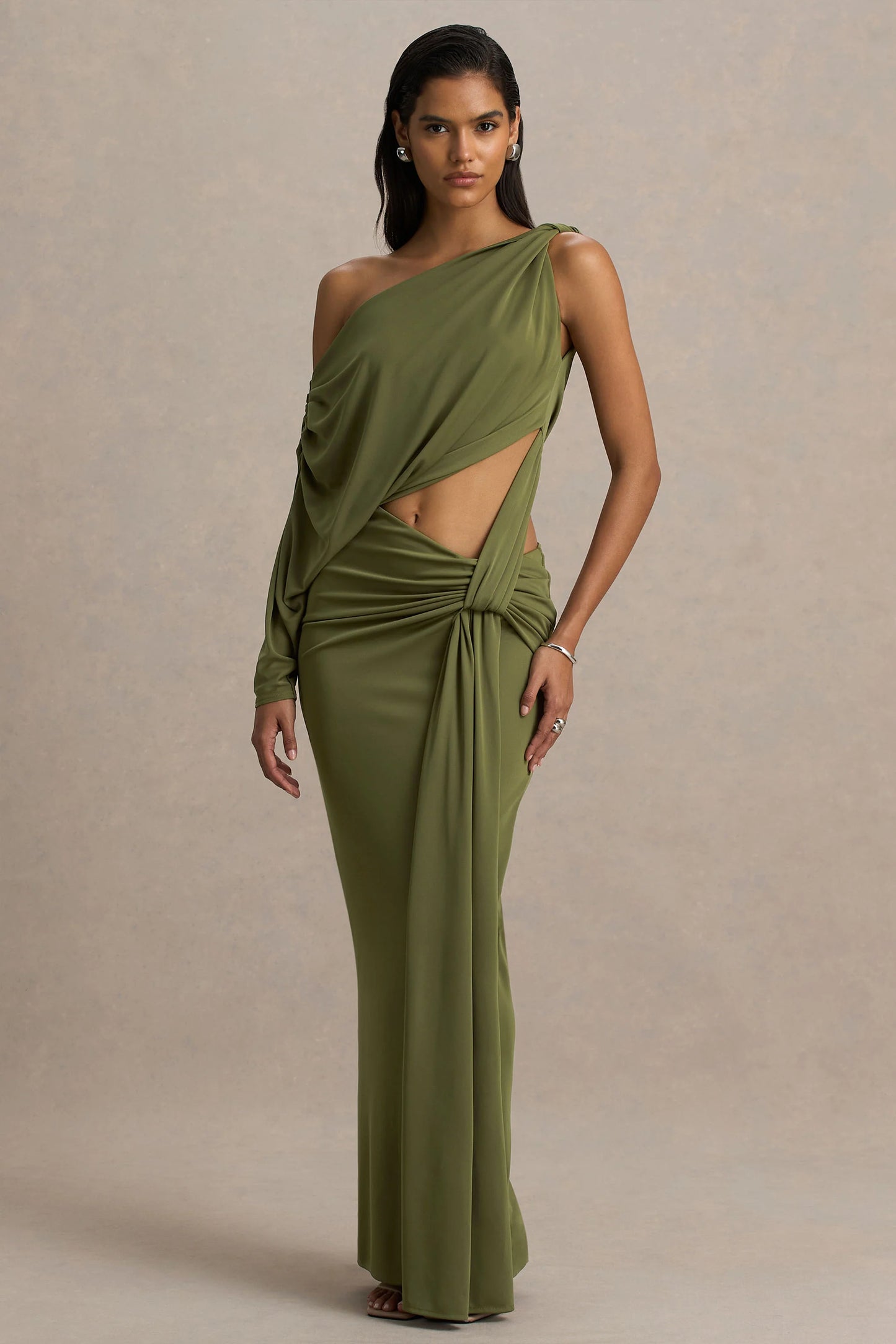 Layla Olive Asymmetric-Neck Wrap Maxi Dress With Body Cut-Out And Ruched Detailing