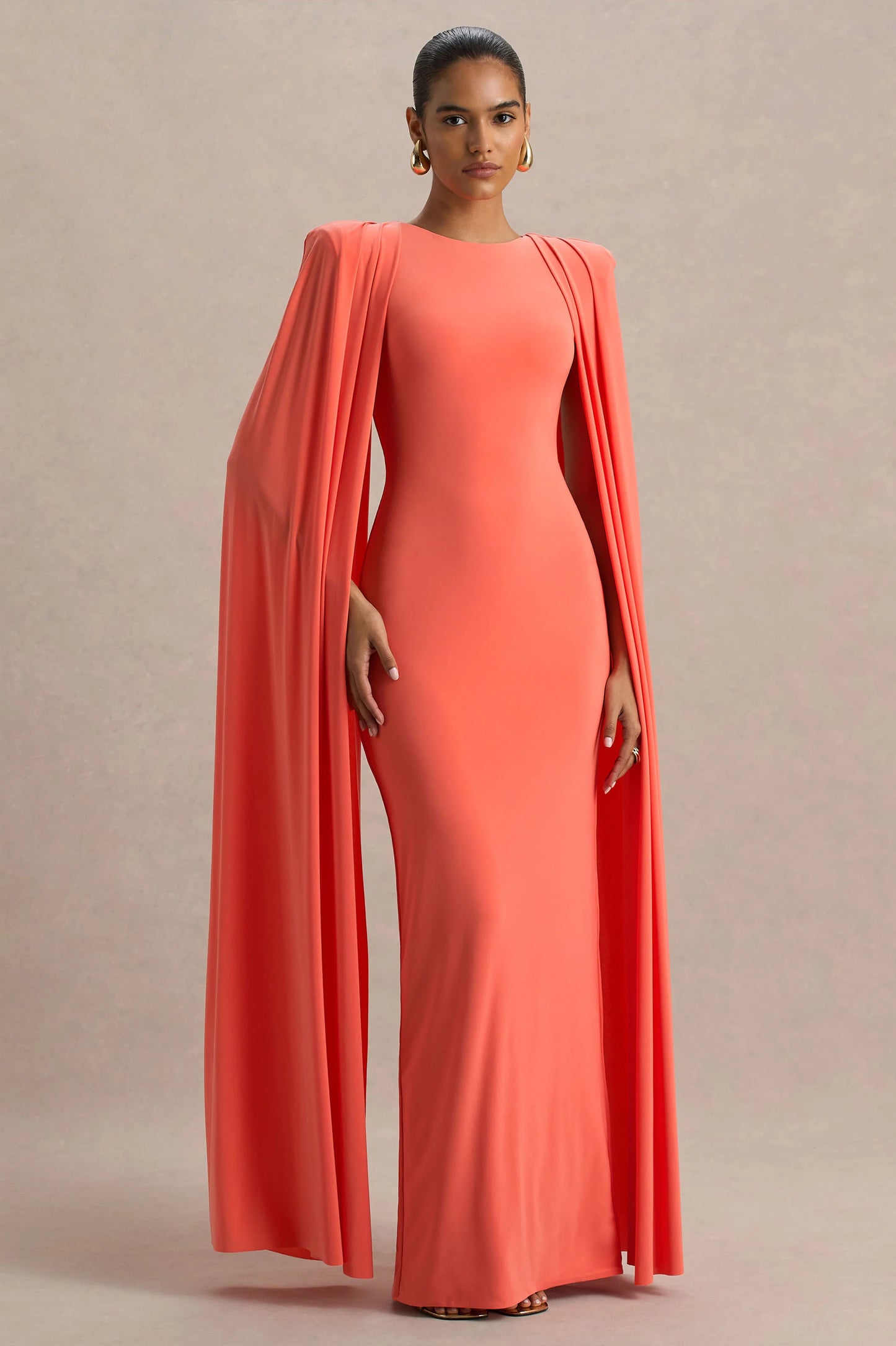 Mimi Coral High-Neck Maxi Dress With Cape Sleeve Detail