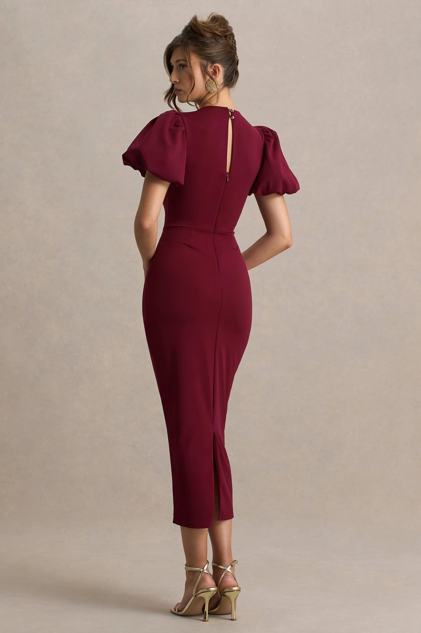 Dakota Burgundy Puff-Sleeve Midi Dress