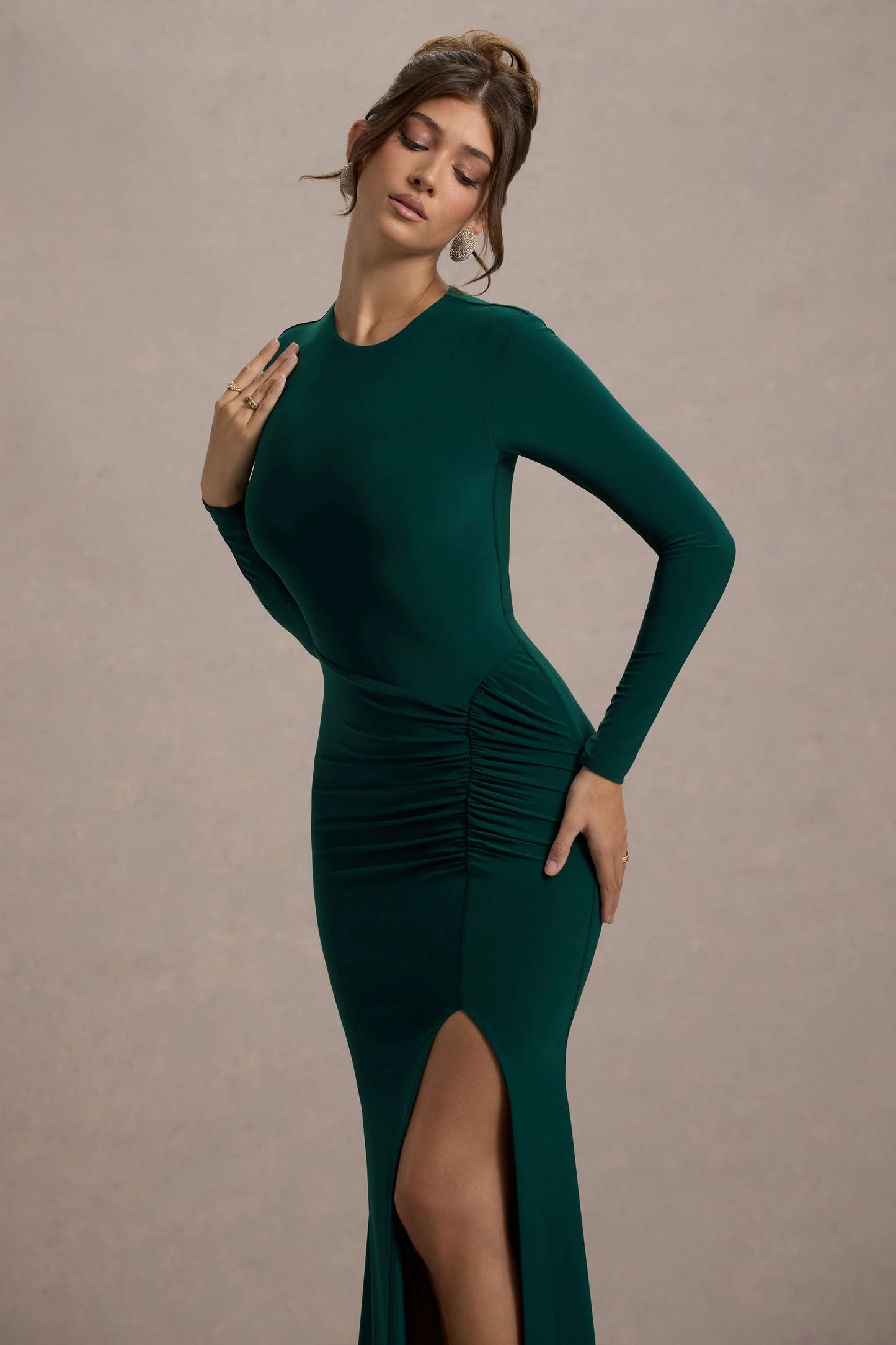 Leslie Bottle Green Long-Sleeve Twisted Split Maxi Dress