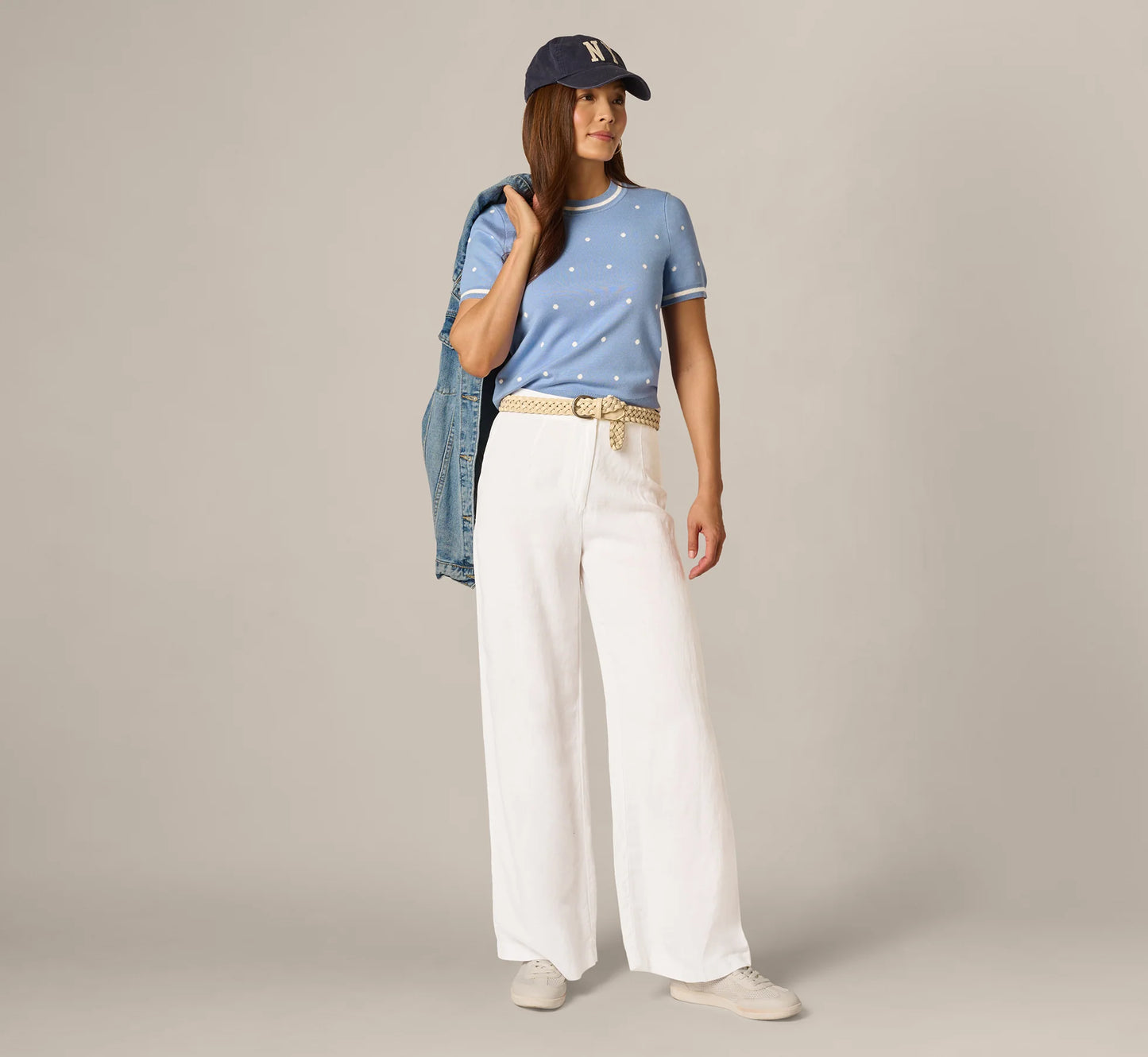 Short Sleeve Chain Patterned Knit Top In Classic Blue Medium Simple Dot