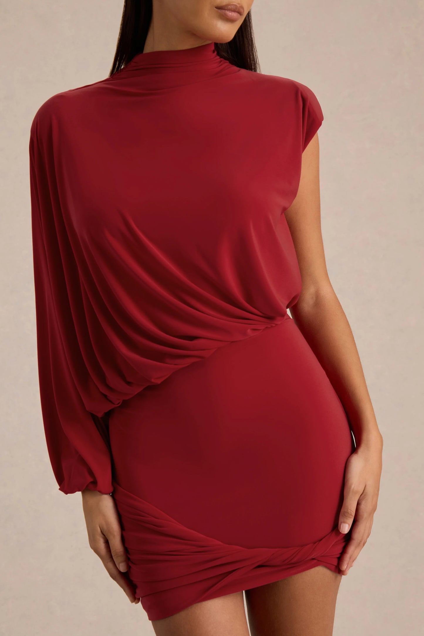 Zelda Red High-Neck Mini Dress With One-Long Sleeve And Twisted Detail