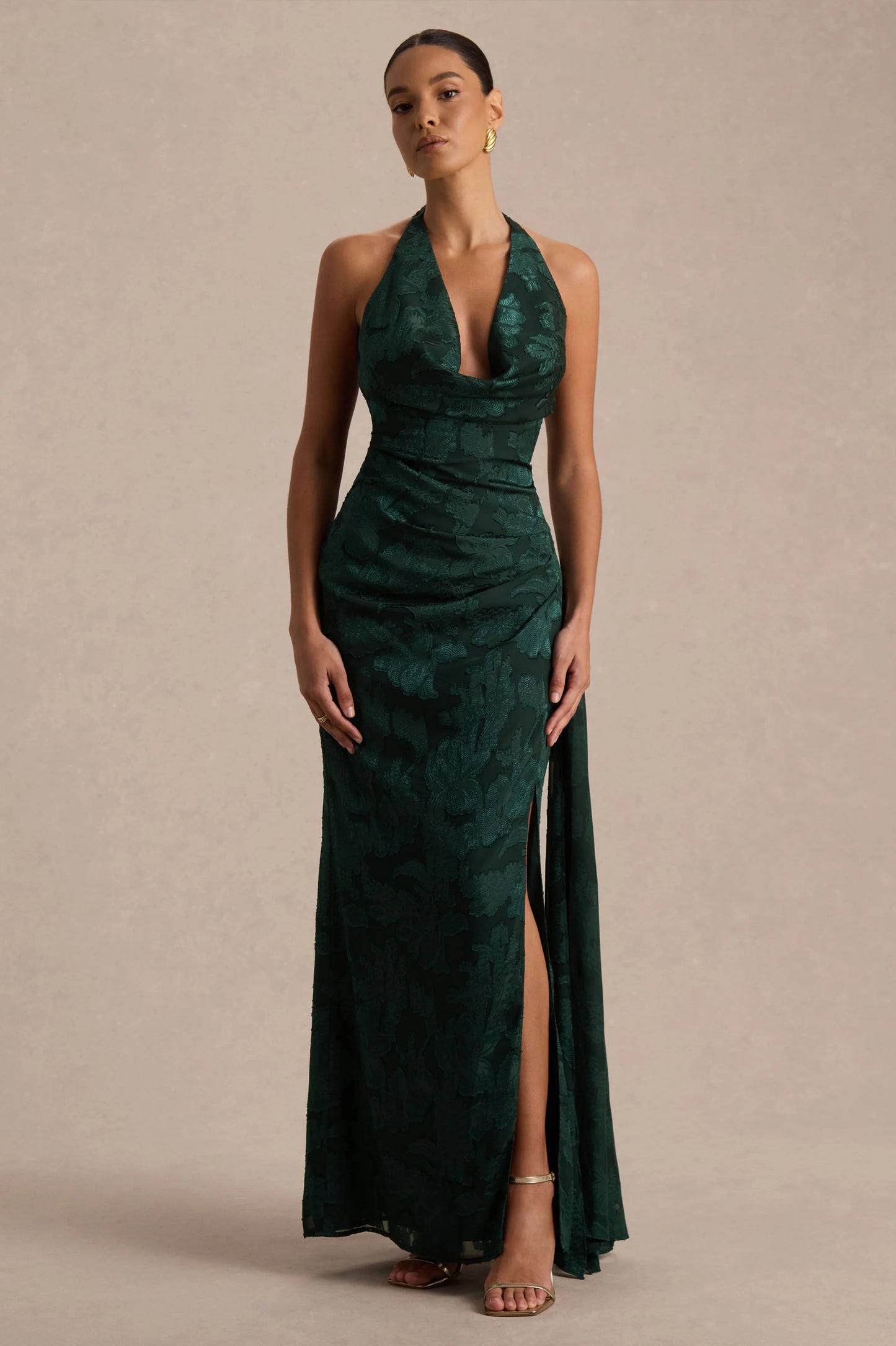 Talula Dark Green Extreme Cowl-Neck Maxi Dress With Sash And Front-High Split