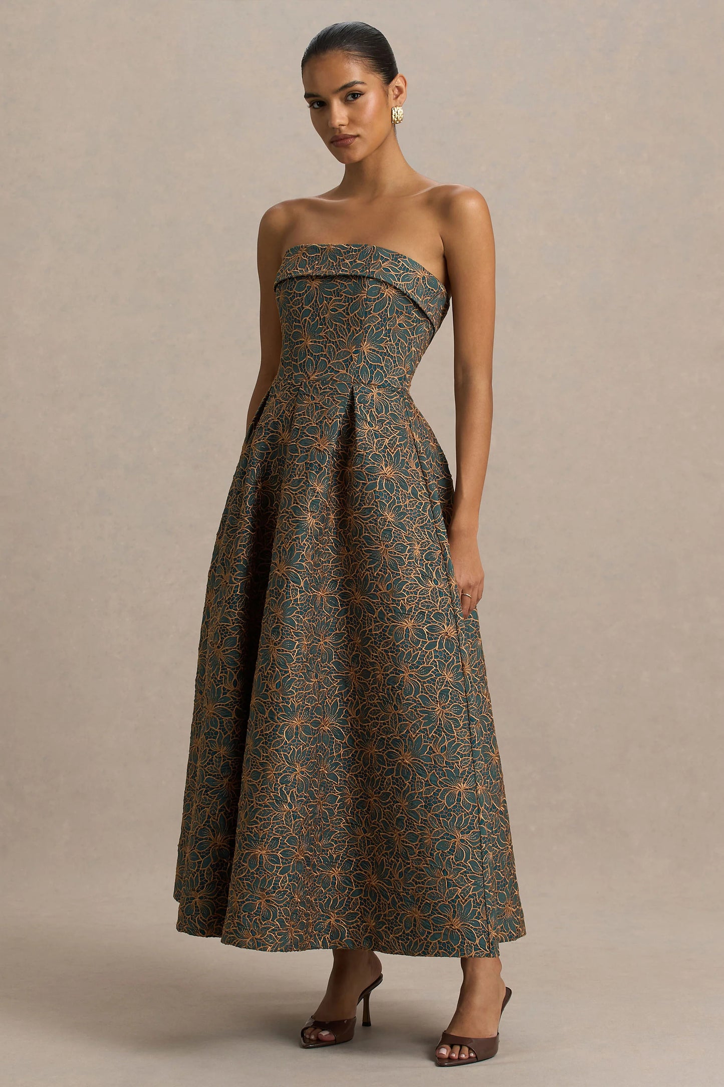 Loretta Dark Green And Rust Embroidered Bandeau Midi Dress