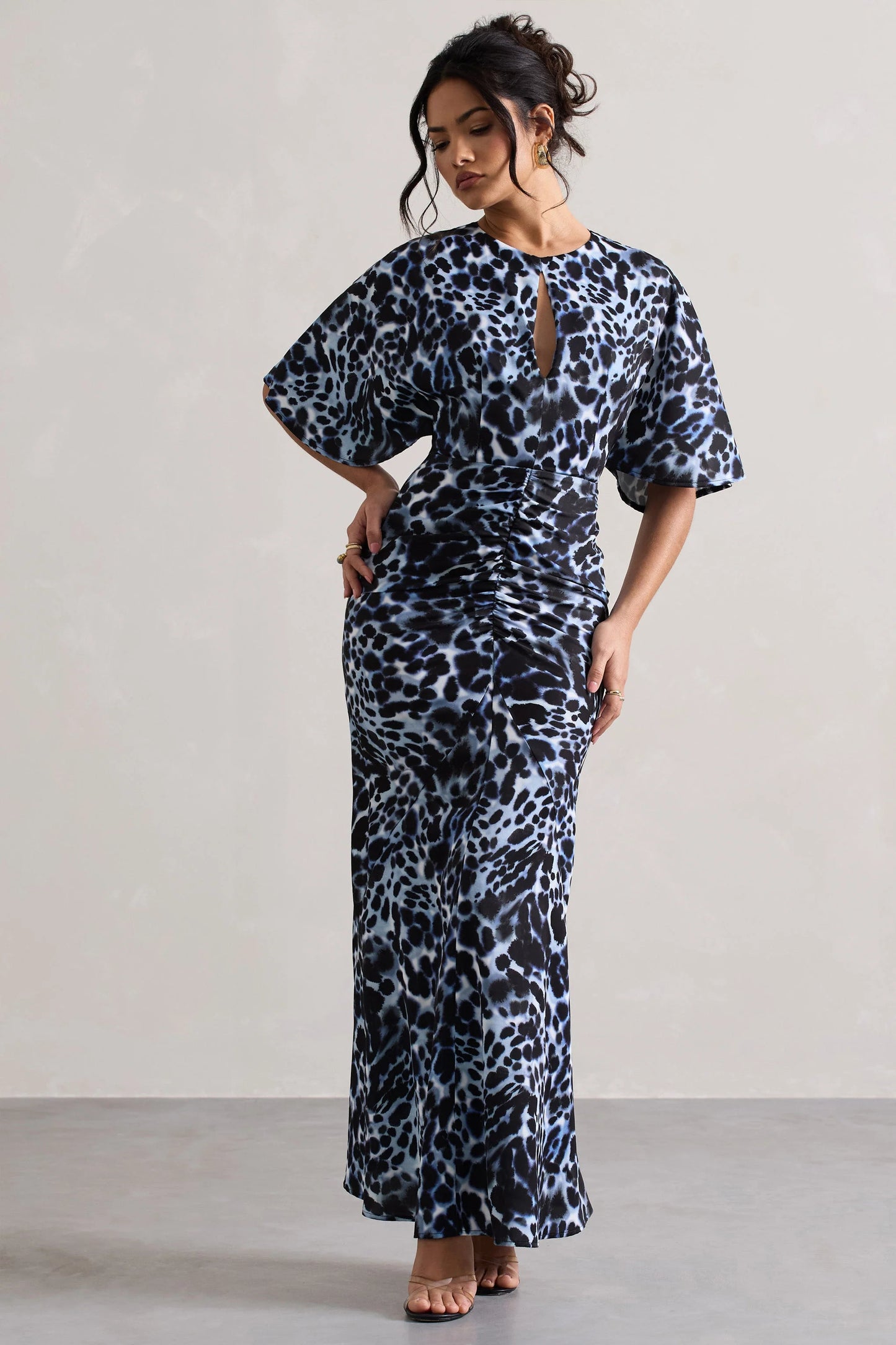 Elidy Animal Print Ruched Flutter-Sleeve Cut-Out Maxi Dress