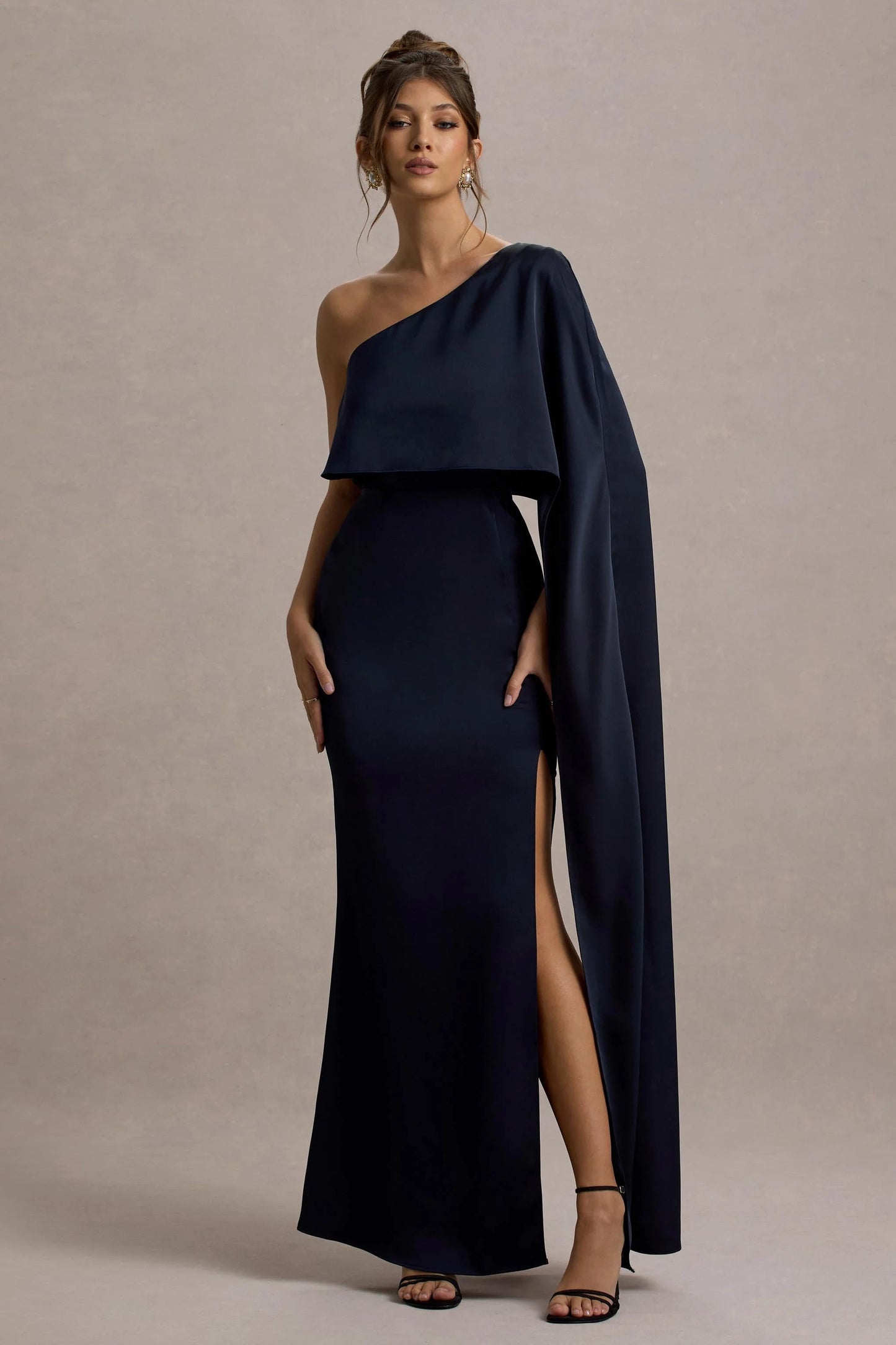Amora Navy Satin Asymmetric Cape-Sleeve Split Maxi Dress